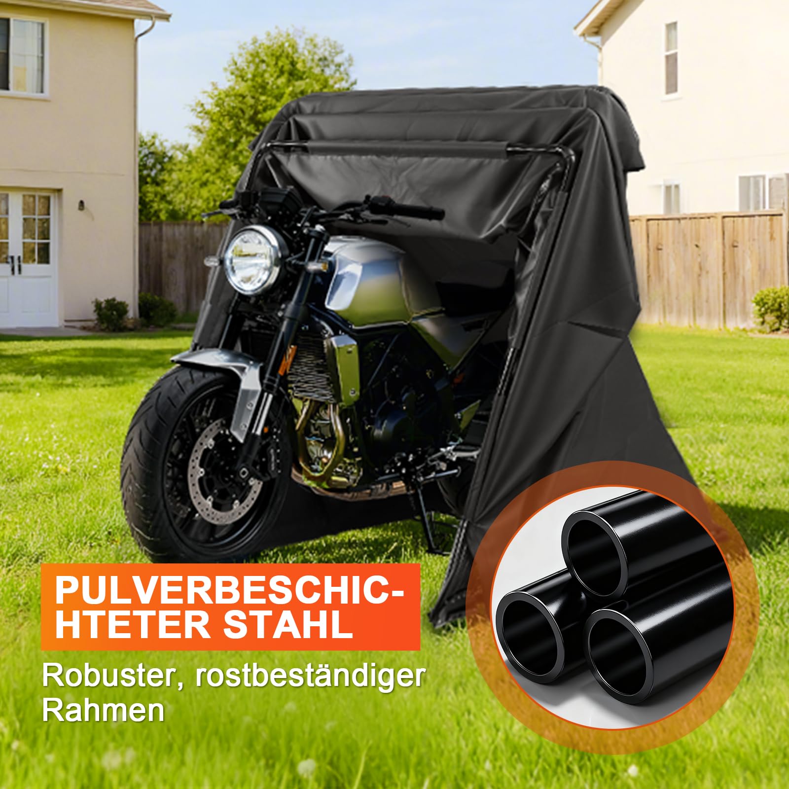 Motorrad Zelt Garage, 280x120x150 cm Schwarz Faltgarage Motorradgarage Oxford-Stoff mit Metallrahmen Universal Faltgarage Zeltgarage Motorradgarage Schutzplane für Motorräder Motorroller Fahrräder Kin