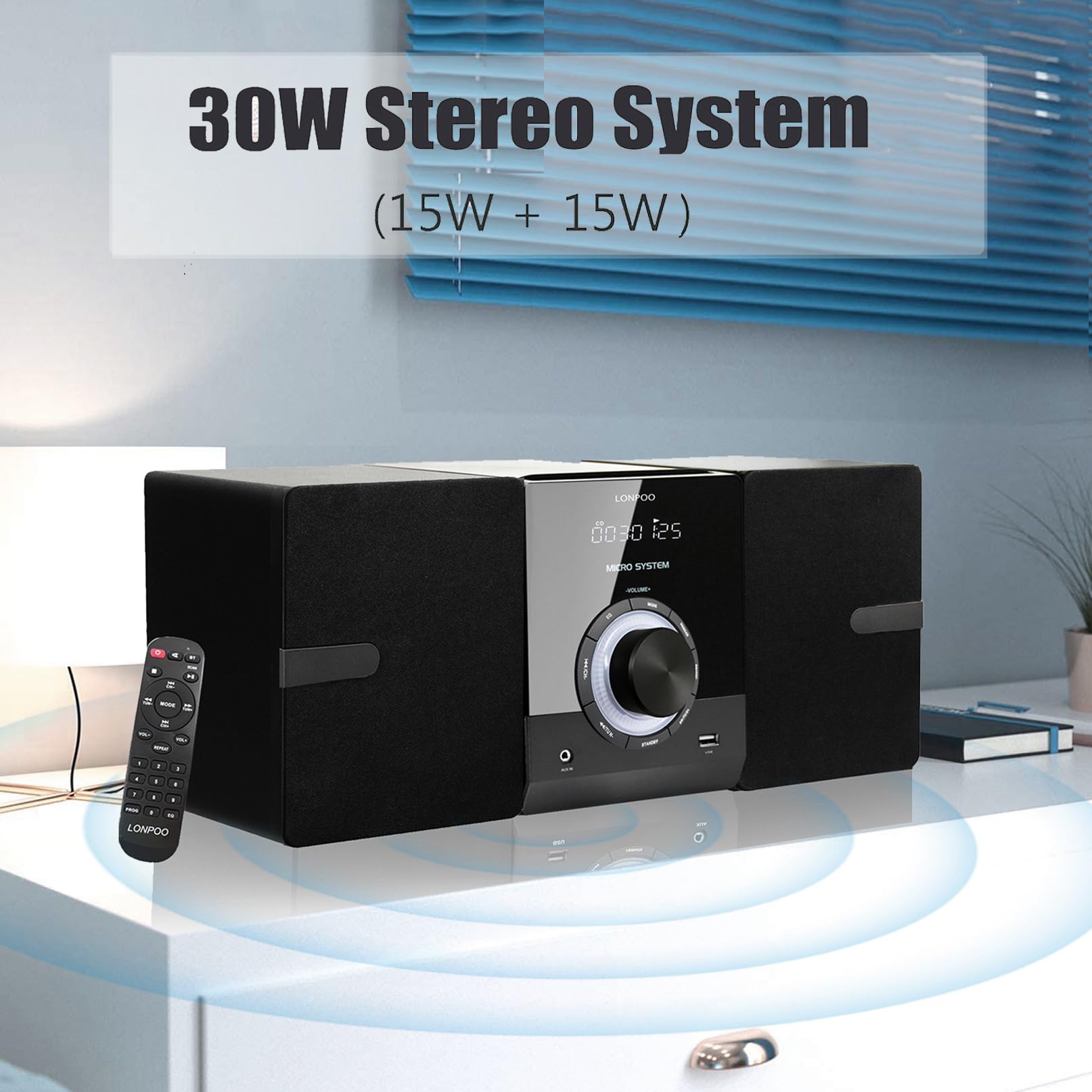 Sistema estéreo para casa Micro HiFi Compacto con Reproductor de CD, Bluetooth, Radio FM, USB, AUX-in, Pantalla LED y botón Grande, Mando a Distancia