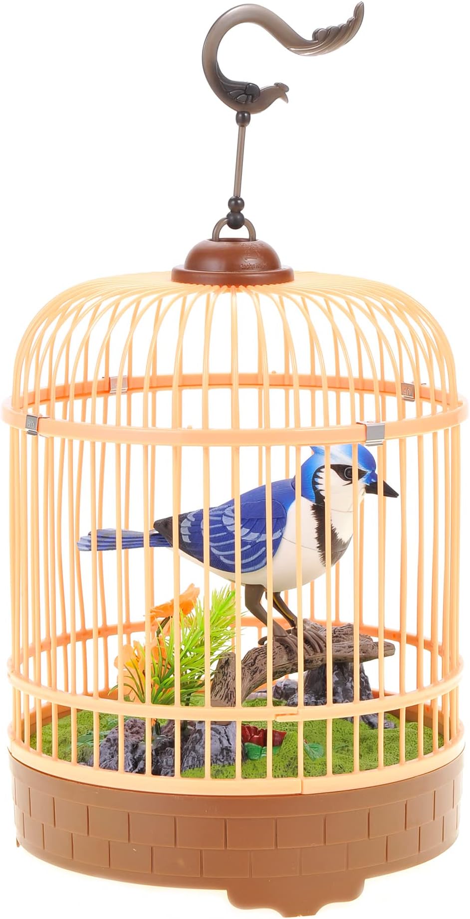 Singing & Chirping Bird in Cage, Realistic Sounds & Movements, Sound Activated, Battery Operated, Great Desk and Room Accessory, Pet Caged Bird Toy (10” x 7”)
