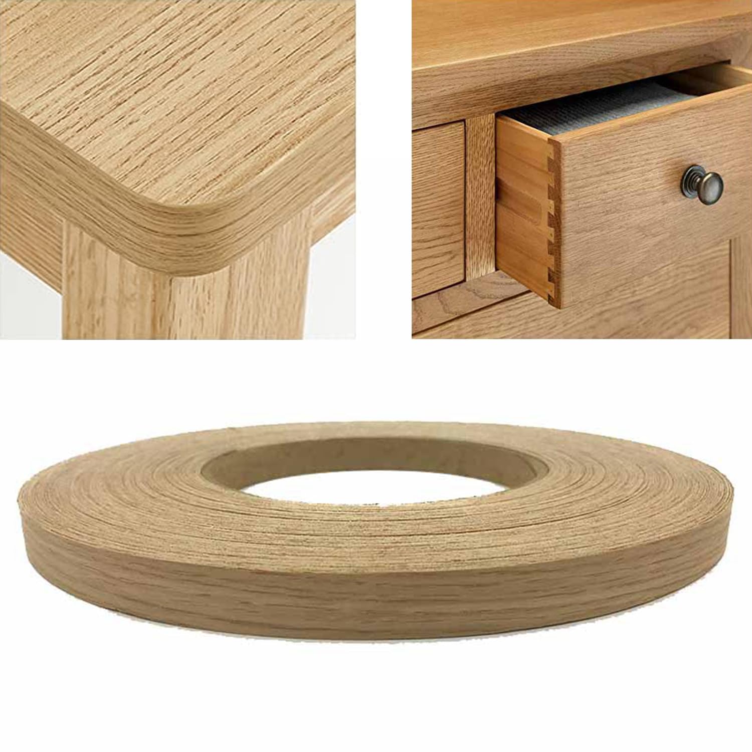 19mm Wood Veneer Strips, 20m Oak Self-Adhesive Edging Strips Pre-Glued Vaneer Edging Tape Hot Melt Adhesive Wood Trim for Desk Wardrobe Cabinet Door Frame Furniture