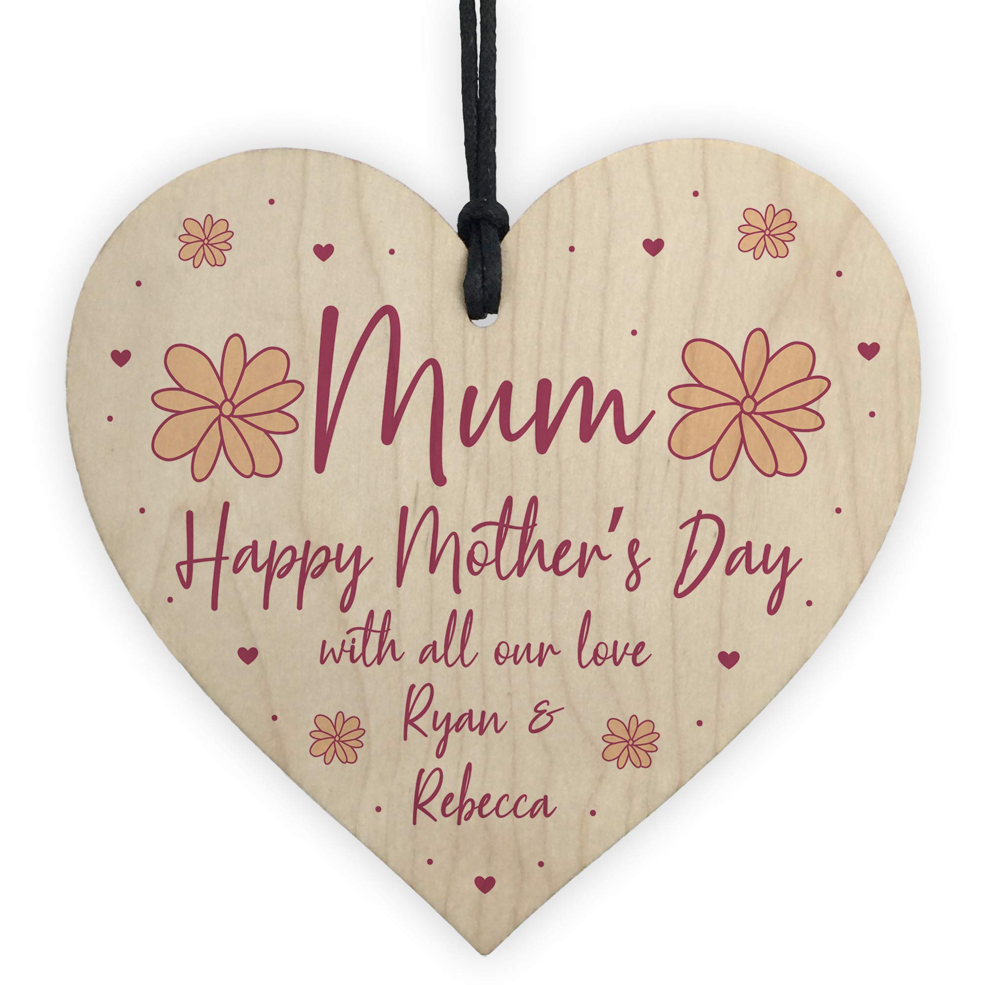 Personalised Mothers Day Gift for Mum Hanging Wooden Heart Thank You Love Gift