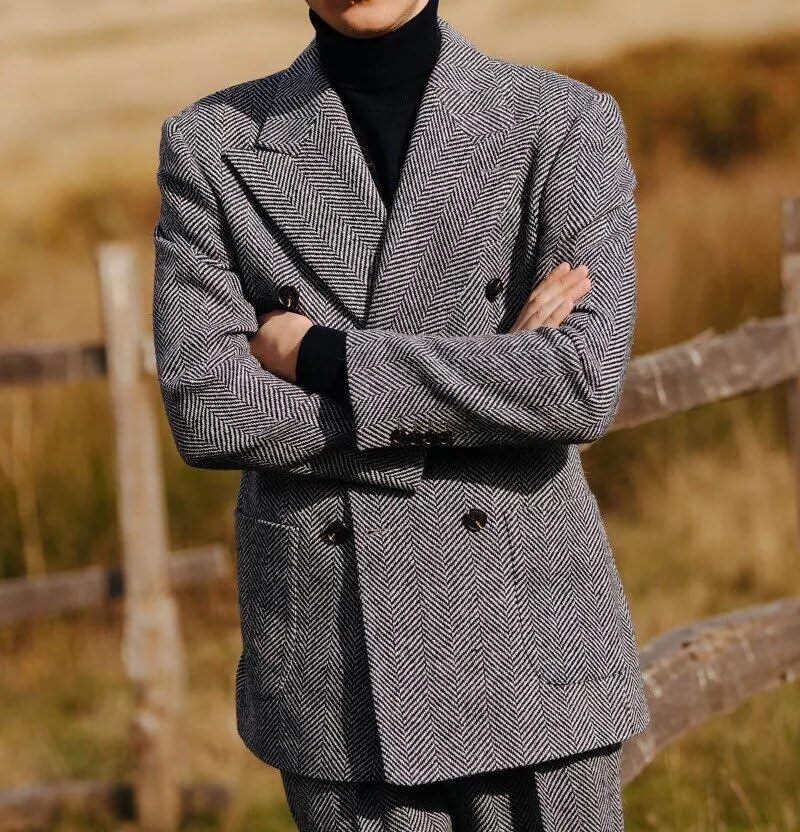 Men's 2 Piece Tweed Herringbone Suit Double-Breasted Tuxedo Party Wedding Blazer and Pants Set2