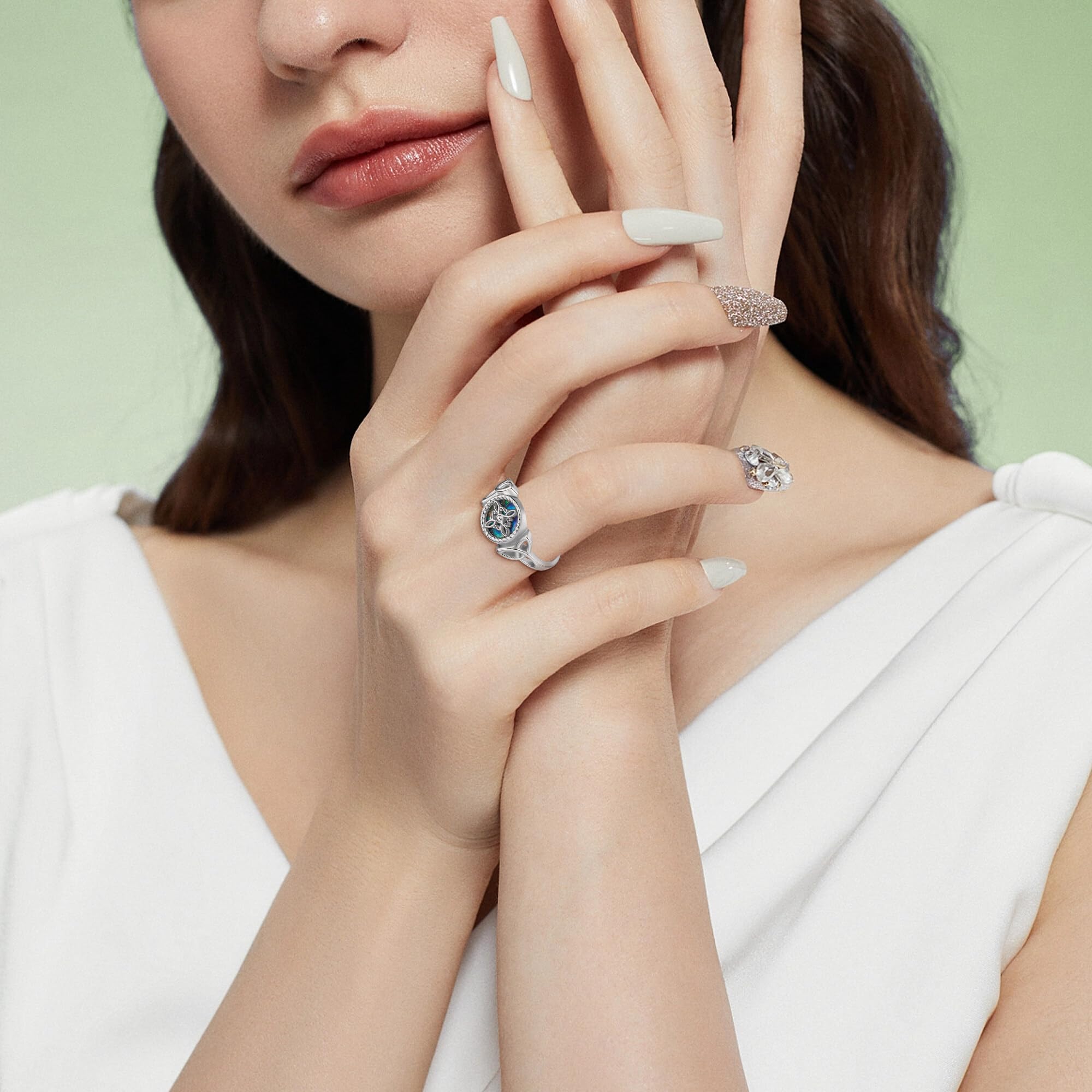ONEFINITY Anillo de nudo de bruja de plata de ley 925, anillo celta con concha de abulón, joyería para mujer