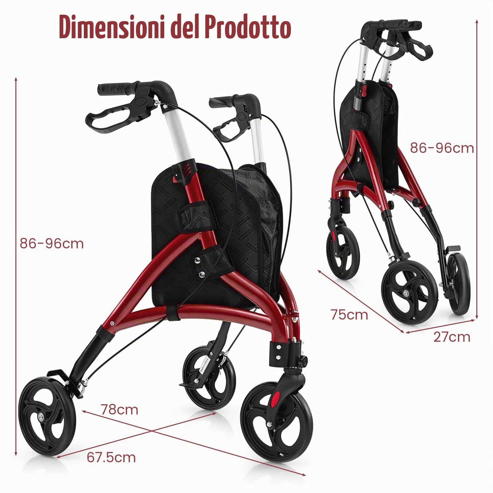 HOMASIS Rollator Pieghevole a 3 Ruote in Alluminio Leggero, Ausilio alla Deambulazione Regolabile in Altezza, con Sacca Portaoggetti per Tutti i Tipi di Terreno per Anziani, Disabili (Rosso)