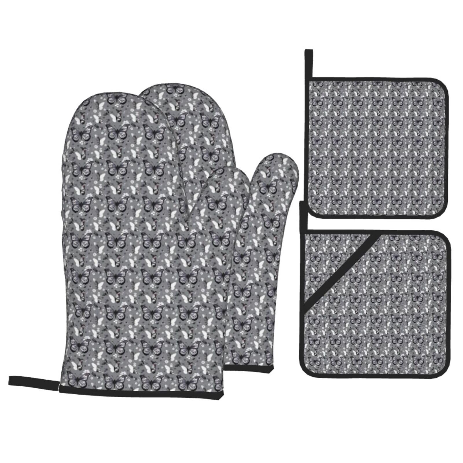 Gray Teal Butterfly Print 4-Piece Heat-Resistant Oven Waterproof Kitchen Gloves Cooking Roasting Essential