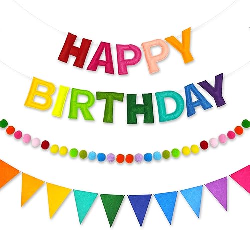 Miniatura 1 de CANREVEL Cartel de feliz cumpleaños 3D preencordado, 3 guirnaldas de fieltro de arcoíris, guirnalda de pompones, banderines de tela triangular,