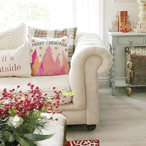 Miniatura 4 de Juego de 4 fundas de almohada de Navidad rosas de 20 x 20 pulgadas, fundas de almohada decorativas, fundas de almohada de granja, árbol de Navidad,