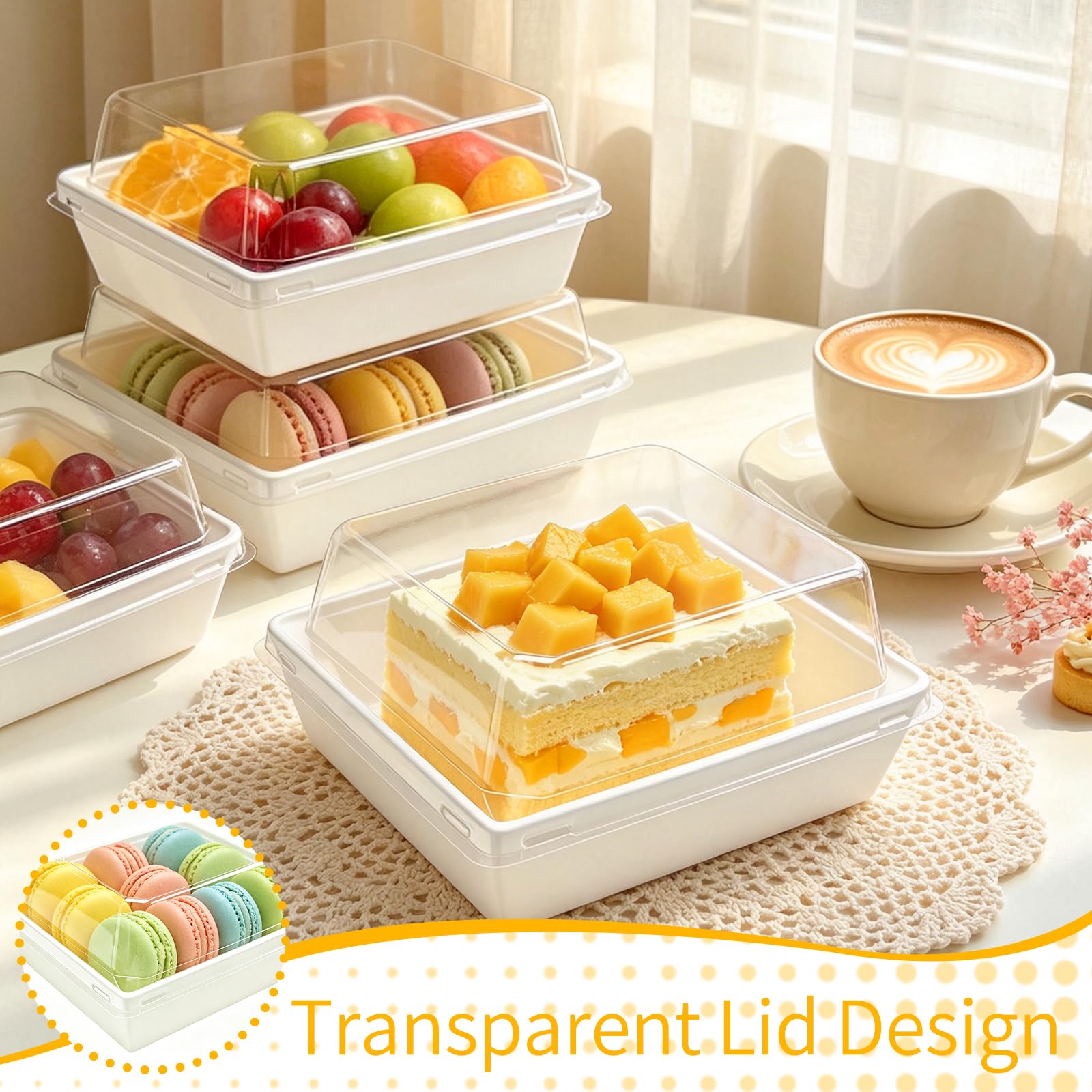 Nexboraque Confezione da 100 piccole scatole per salumi con coperchio trasparente, 12,7 cm, in carta bianca, usa e getta, quadrate, per panini, dessert, panini, biscotti, sushi, fette di torta e