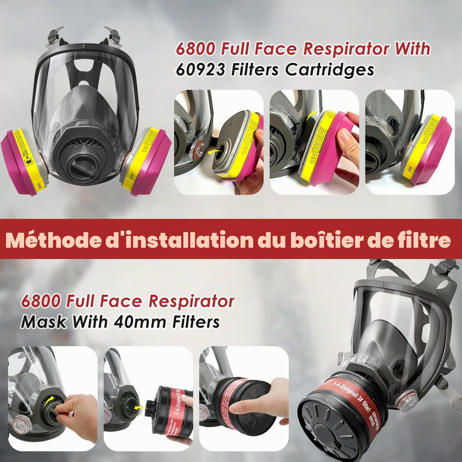 Masque à gaz complet pour la survie nucléaire et chimique - Masque respiratoire complet avec filtres 60923 et filtres de 40 mm contre la poussière, les vapeurs organiques, les gaz à peindre, les