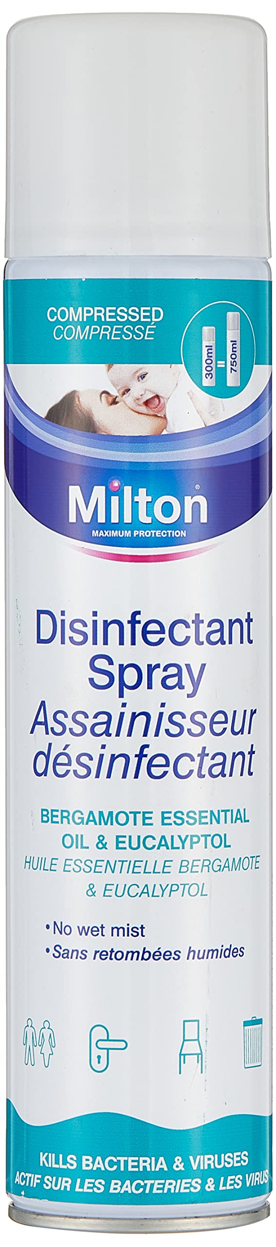 MiltonCompressed Disinfectant SprayIdeal for Cleaning /Purifiying /Disinfecting Air & Surface, Door handles Bath & Potty Enriched with essential oils & euchalyptus, Lime and Bergamot 300 ml