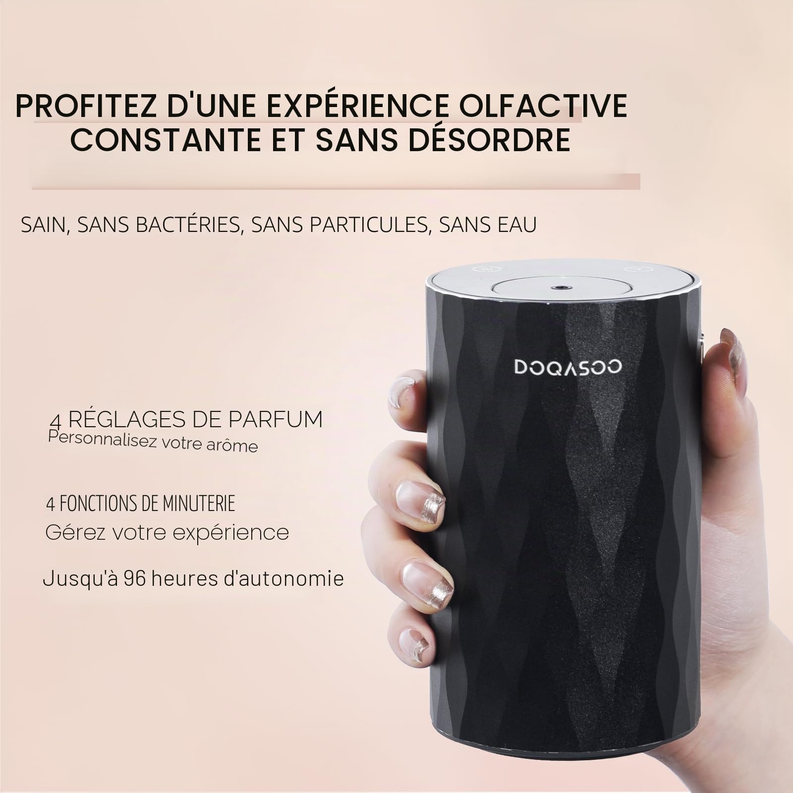 Diffuseur d'arômes sans fil - Structure en aluminium - Batterie 96H et 25 dB silencieux - Diffuseur d'huiles essentielles avec minuterie et 4 niveaux - Idéal pour voiture, bureau et chambre à