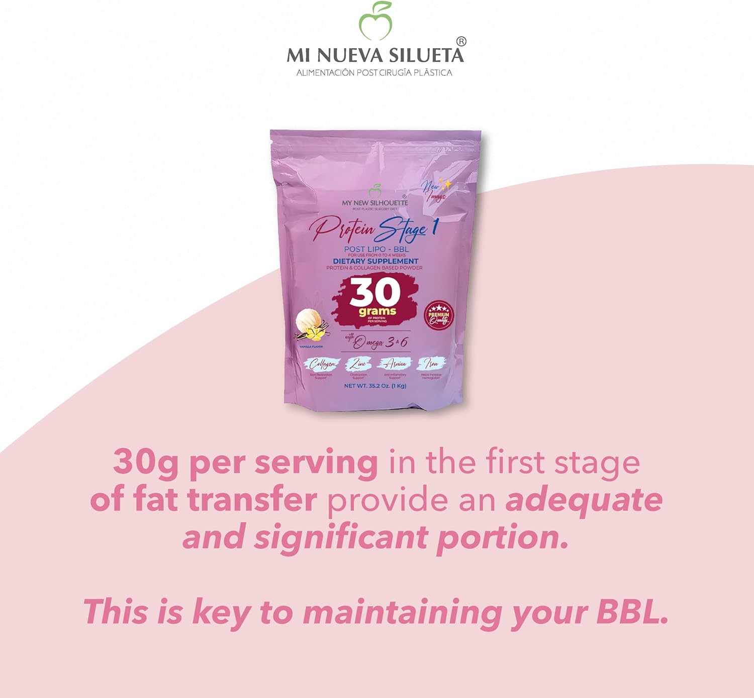 MI NUEVA SILUETA My New Silhouette Protein Post BBL Stage 1 (vainillA) omegas 3, 6, 9 potentialized with Thirty Grams of Protein per Shake