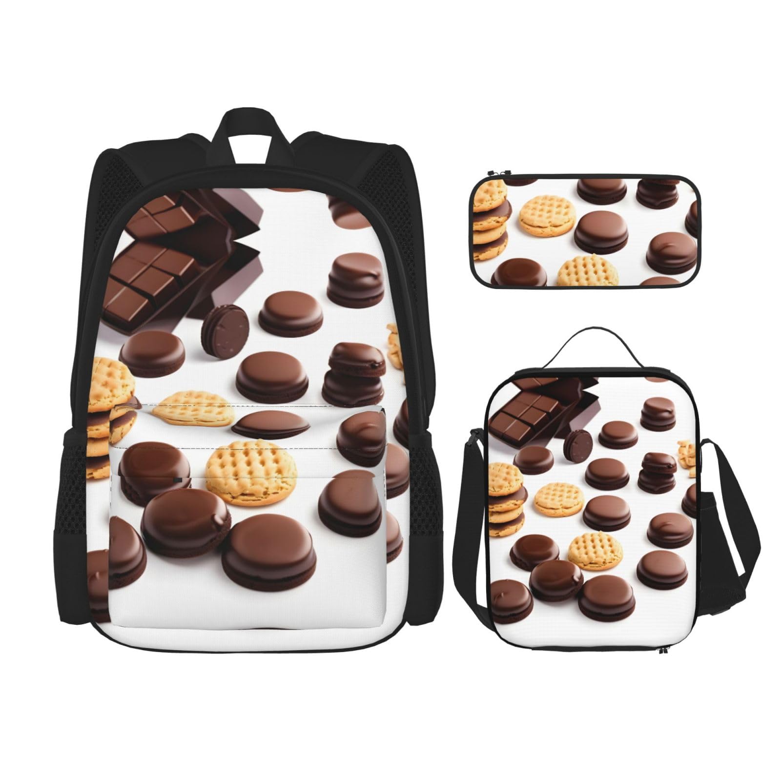 Biscotti Biscotti con gocce di cioccolato Stampa di frecce di corallo e verde acqua Zaino casual da 3 pezzi con scatola per il pranzo Zaino regolabile unisex, zaino per laptop da viaggio