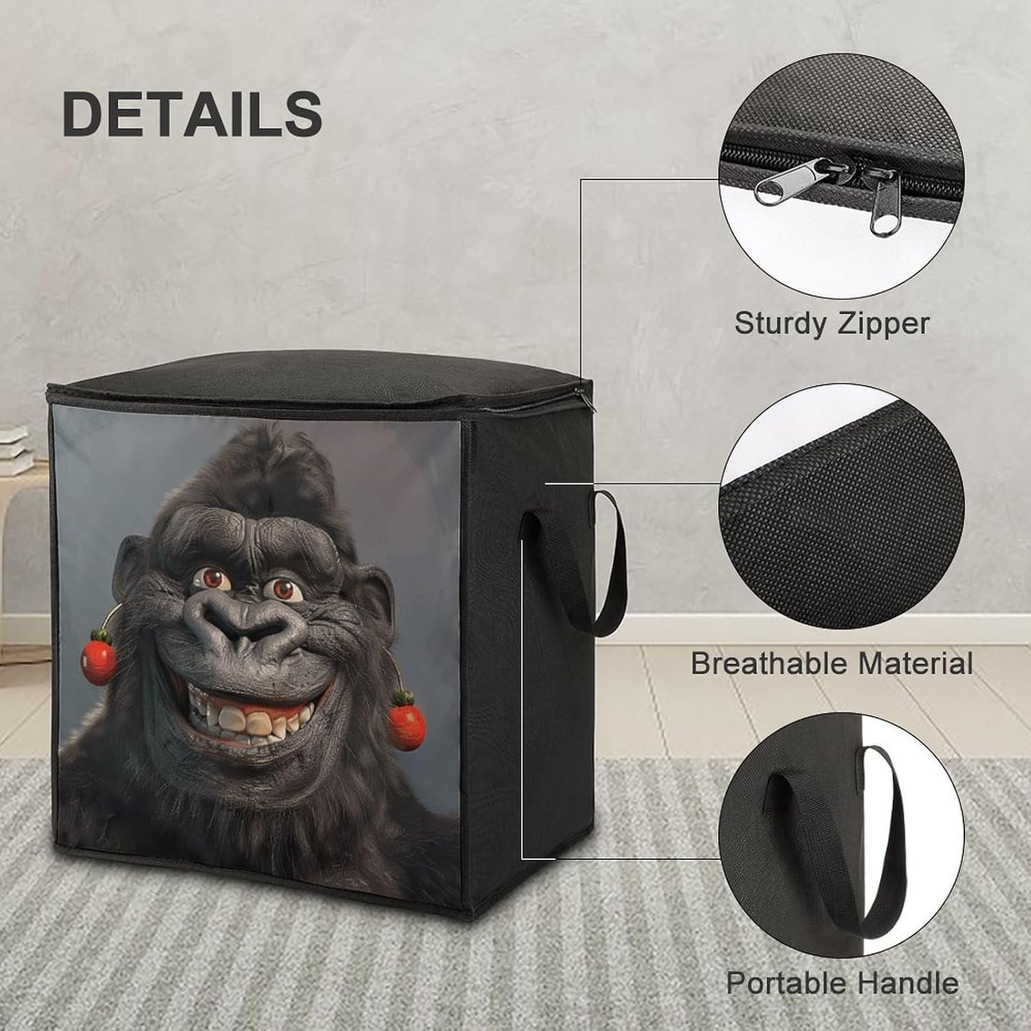 Clothes Storage Bag Personalized Durable Foldable Large Toy Storage Bags with Zipper Moving Bags Luggage Organizer Smiling Gorilla Photo Printed Bags image 4