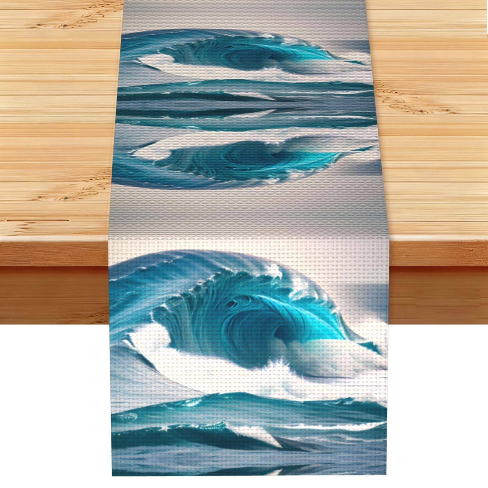 Cartoon blue sea wave Linen Look Table Runner 13x72-Wrinkle Resistant Farmhouse Style for Dining Table Decor