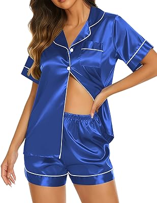 Ekouaer Silk Pajamas for Women Short Sleeve Sleepwear Soft Button Down Loungewear 2 Piece Satin Pjs Shorts Set S-XXL