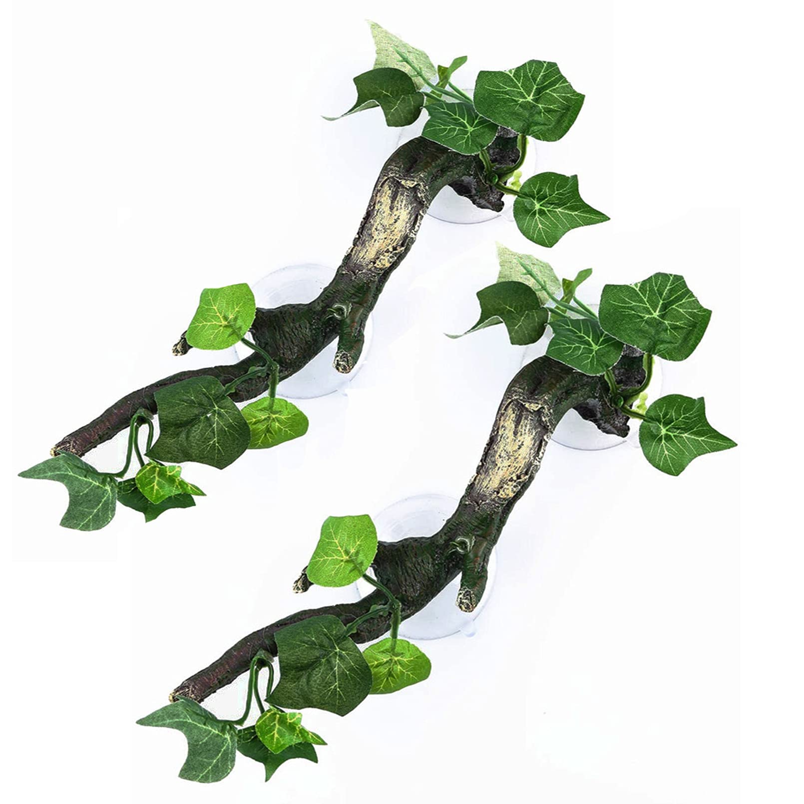 PINVNBY 2 PCS Reptile Corner Branch Terrarium Plant Decoration with Suction Cup Resin Plant for Amphibian Lizard Snake Climbing