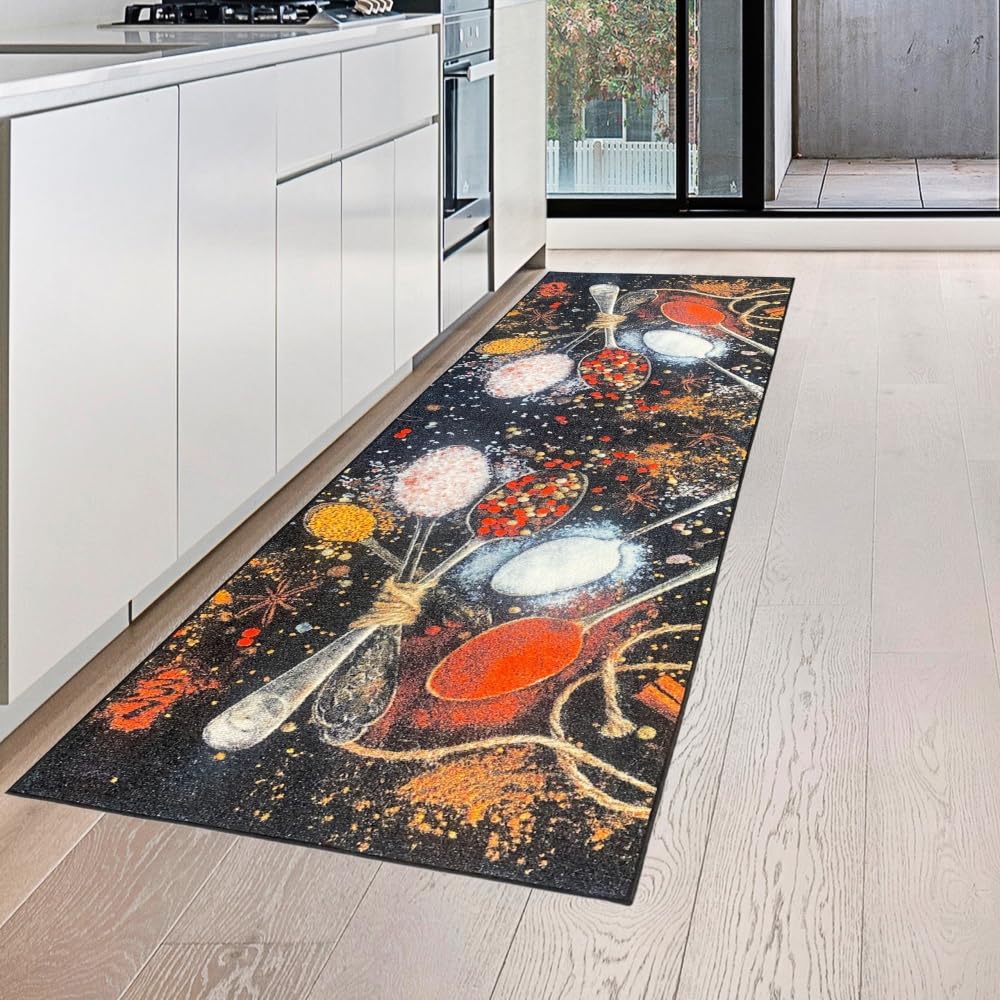 Tapis de cuisine lavable 67x180 noir imprimé épices jaunes et rouges