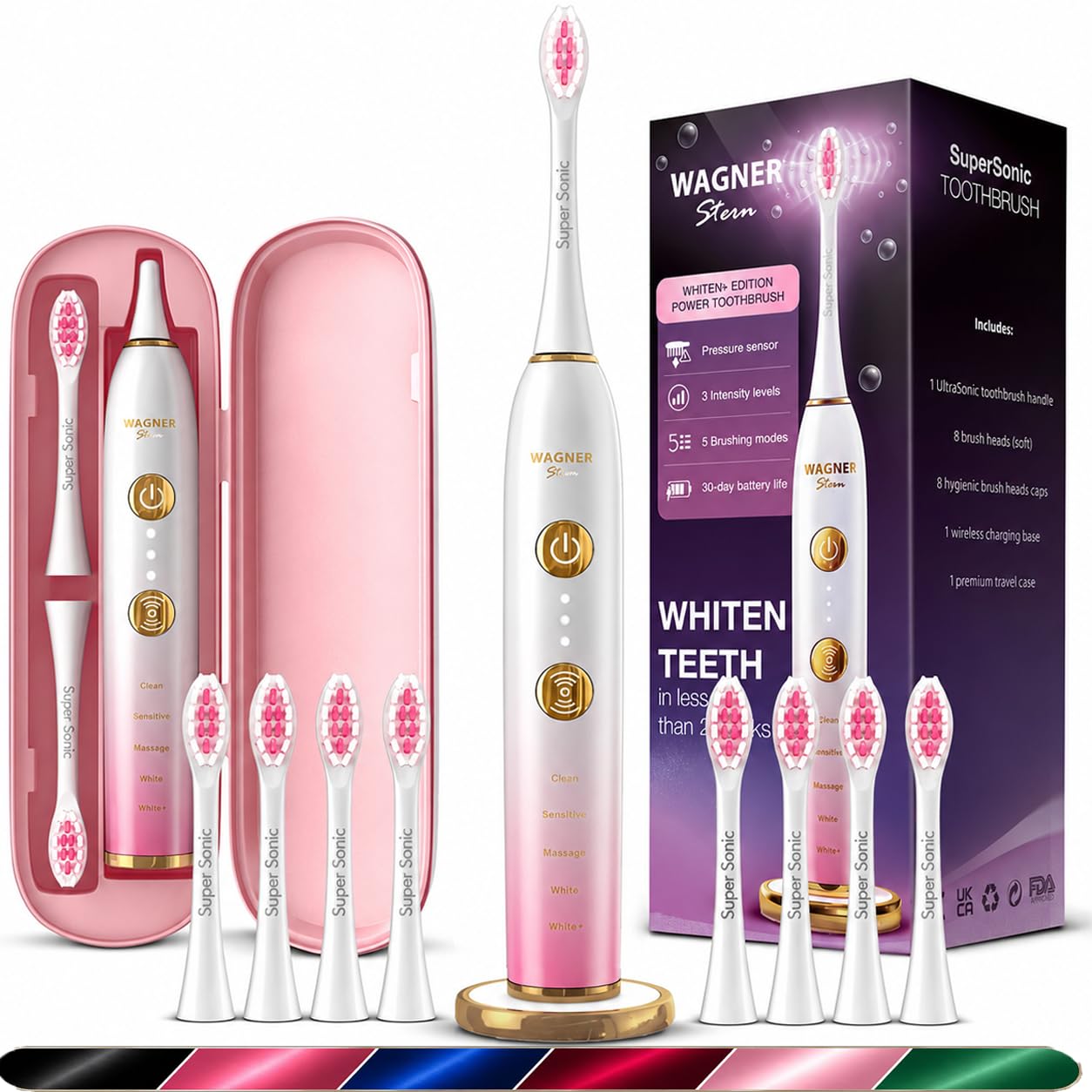 Wagner Stern WHITEN+ – Brosse à dents électrique avec capteur de pression, 5 modes, 3 intensités, 8 têtes souples, moteur puissant, étui de voyage luxe inclus (Pivoine)