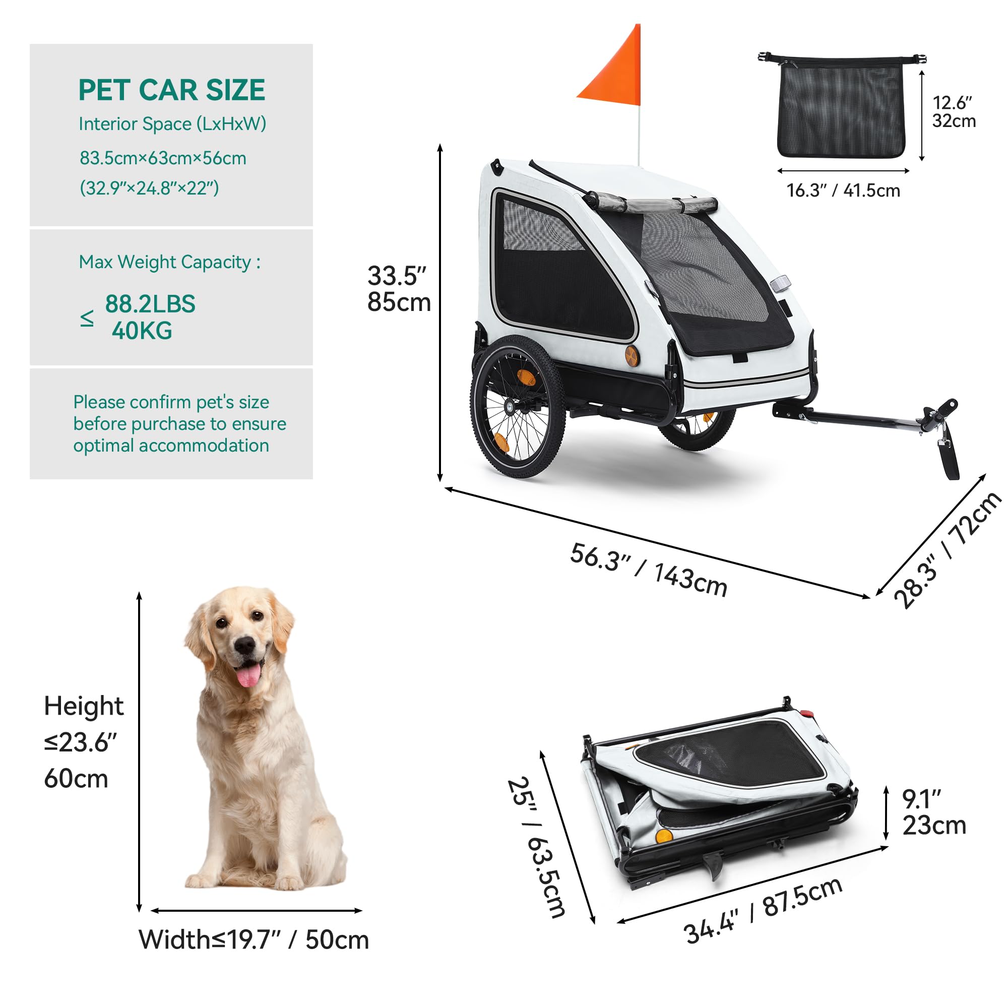 YITAHOME Remolque para Perros 2 en 1 con Rueda Delantera giratoria de 360 ° y Desmontable, Carrito de bebé de Lona Oxford 600D, Remolque para Perros, para Bicicleta, máx. 40 kg, reflectores y Correa