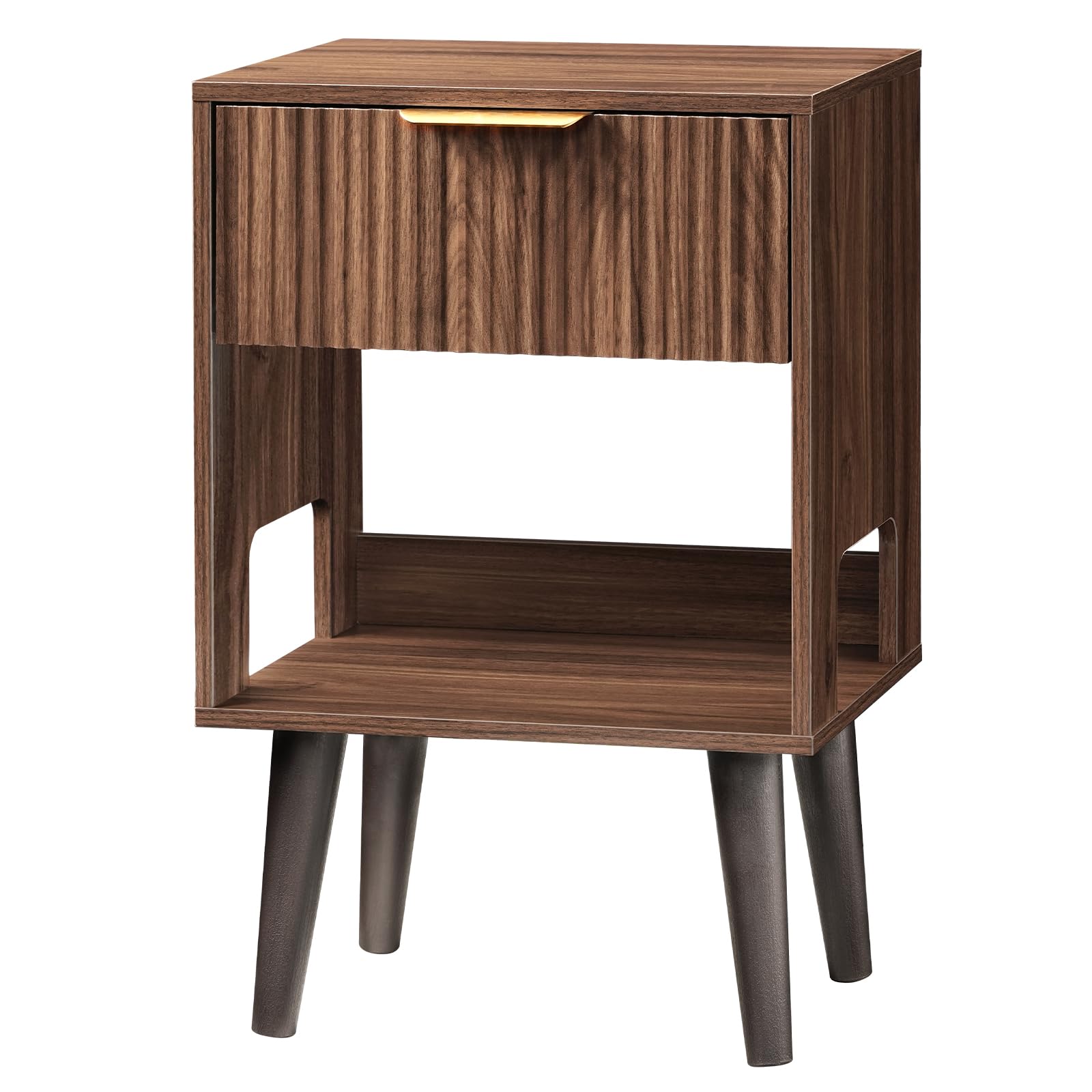 HOOBRO Comodino con Frontale Scanalato, Gambe in Plastica, con Cassetto e Ripiano Aperto, Tavolino per Camera da Letto o Soggiorno, Marrone Noce EWL236BZ01