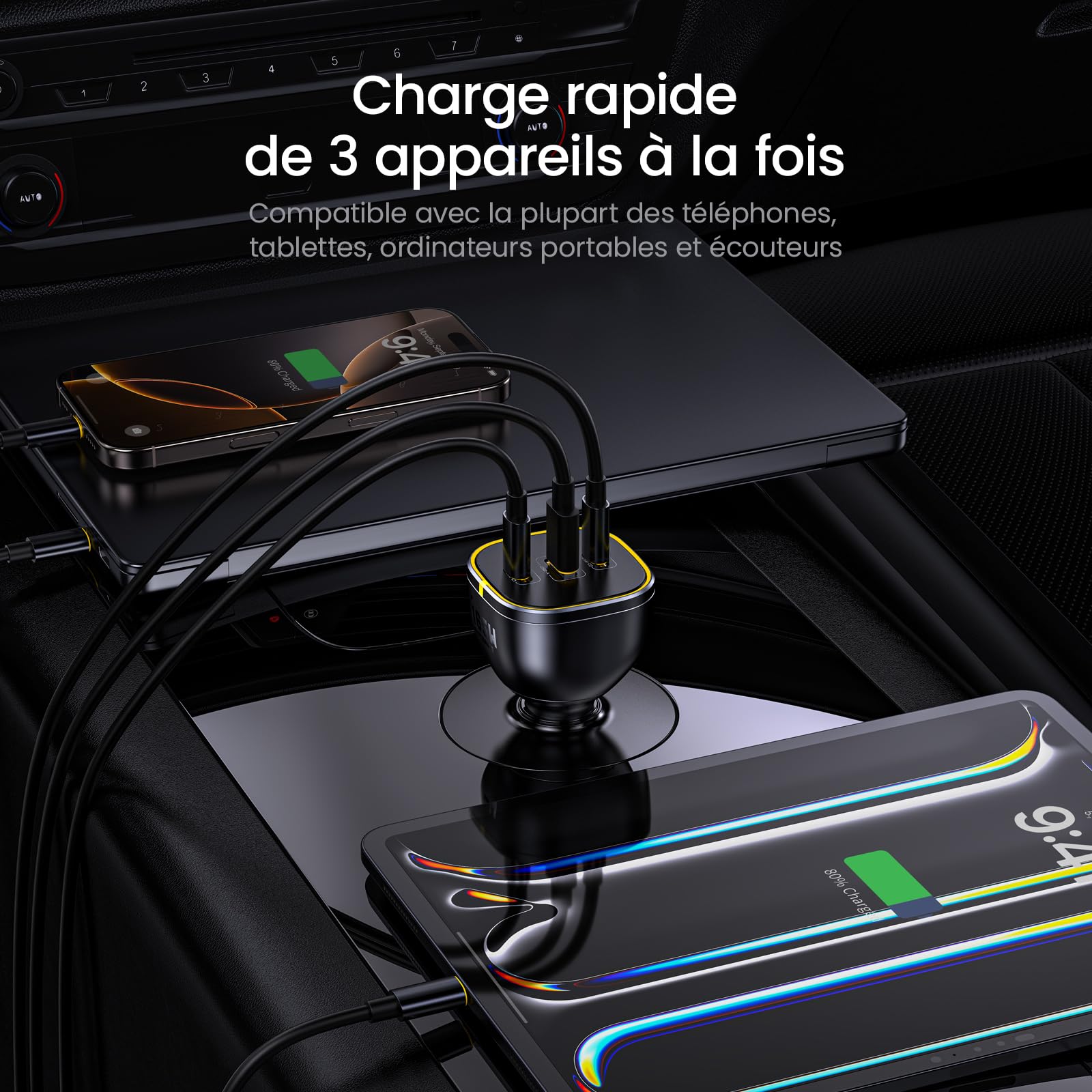 AOHI 165W Chargeur voiture pour ordinateur portable 140W PD3.1/100W PD3.0 Chargeur Allume Cigare USB C Charge rapide PPS 45W 3 ports QC5.0 avec MacBook Pro, iPhone 17/16/15, Galaxy S25/S24 Ultra, iPad