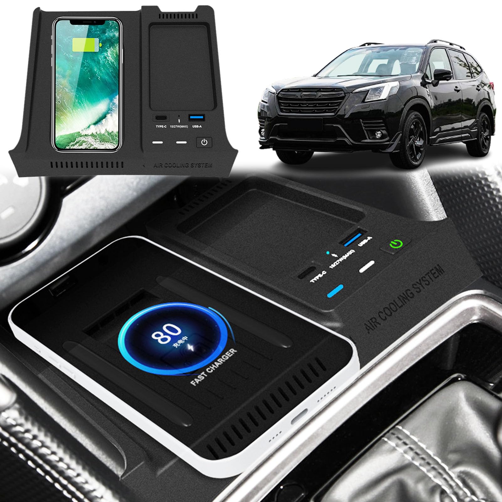 Bezprzewodowa Płytka ładująca Telefon Samochodu do Subaru Forester 2019 2020 2021 2022 2023 2024 Szybka ładowarka Carry 27W USB + Port Typu C do i-Phone Sam-sung