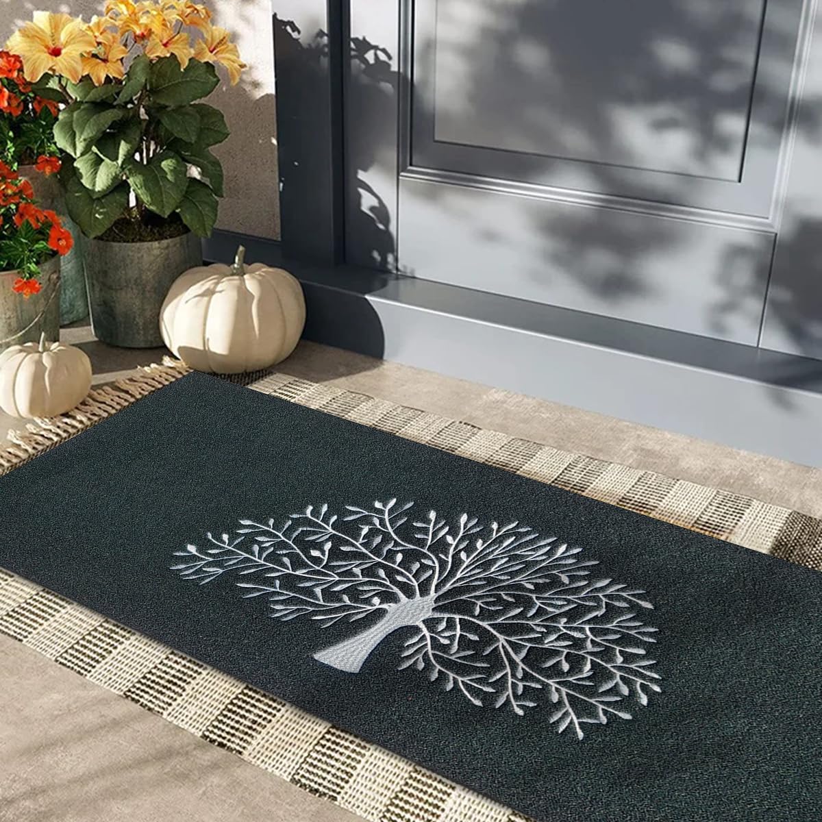 AOAOPQ Grand paillasson d'intérieur - 45 x 120 cm - Arbre de Vie - Lavable - Anti-saleté - Antidérapant - Absorbant - pour entrée, terrasse, intérieur et extérieur - Noir