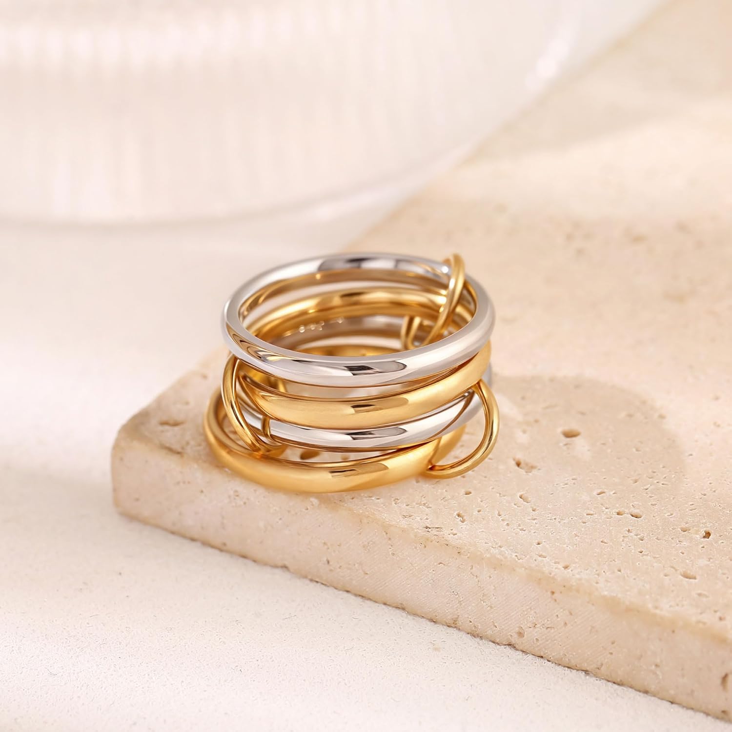 14K Gold Interlocking Stackable Rings for Women – Silver Gold Stack Ring Set with CZ, Two Tone Interlocked Stacked Ring, Multi-layer Statement Ring Jewelry - Image 5