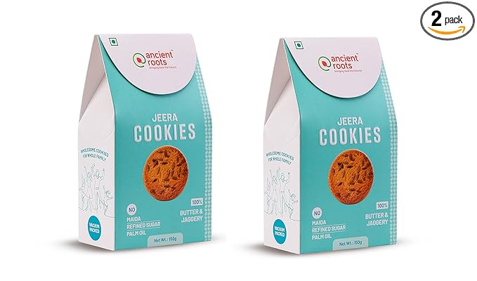 Ancient Roots Jeera Cookies - 150g x Pack of 2 / Biscuits (16-18 Pcs) / For Healthy Delicious Snacks / Best Paired with Tea & Coffee, No Maida, No Sugar, No Palm Oil / 100% Butter & Jaggery Cookies / Healthy Breakfast Cookies / Vacuum Pack