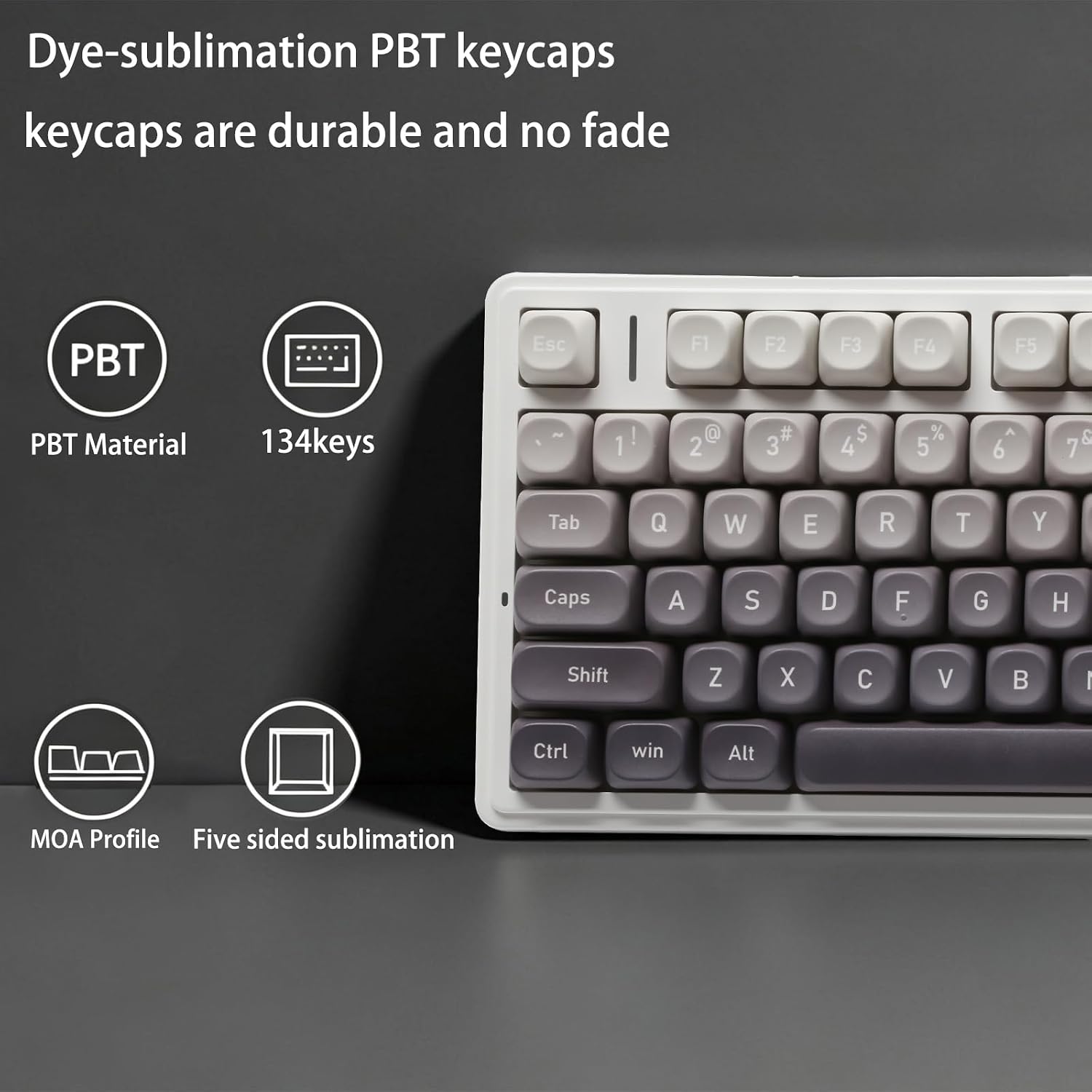 PBT Keycaps-Gradient Gray Moa Profile 134keys Round Key caps Set image 4