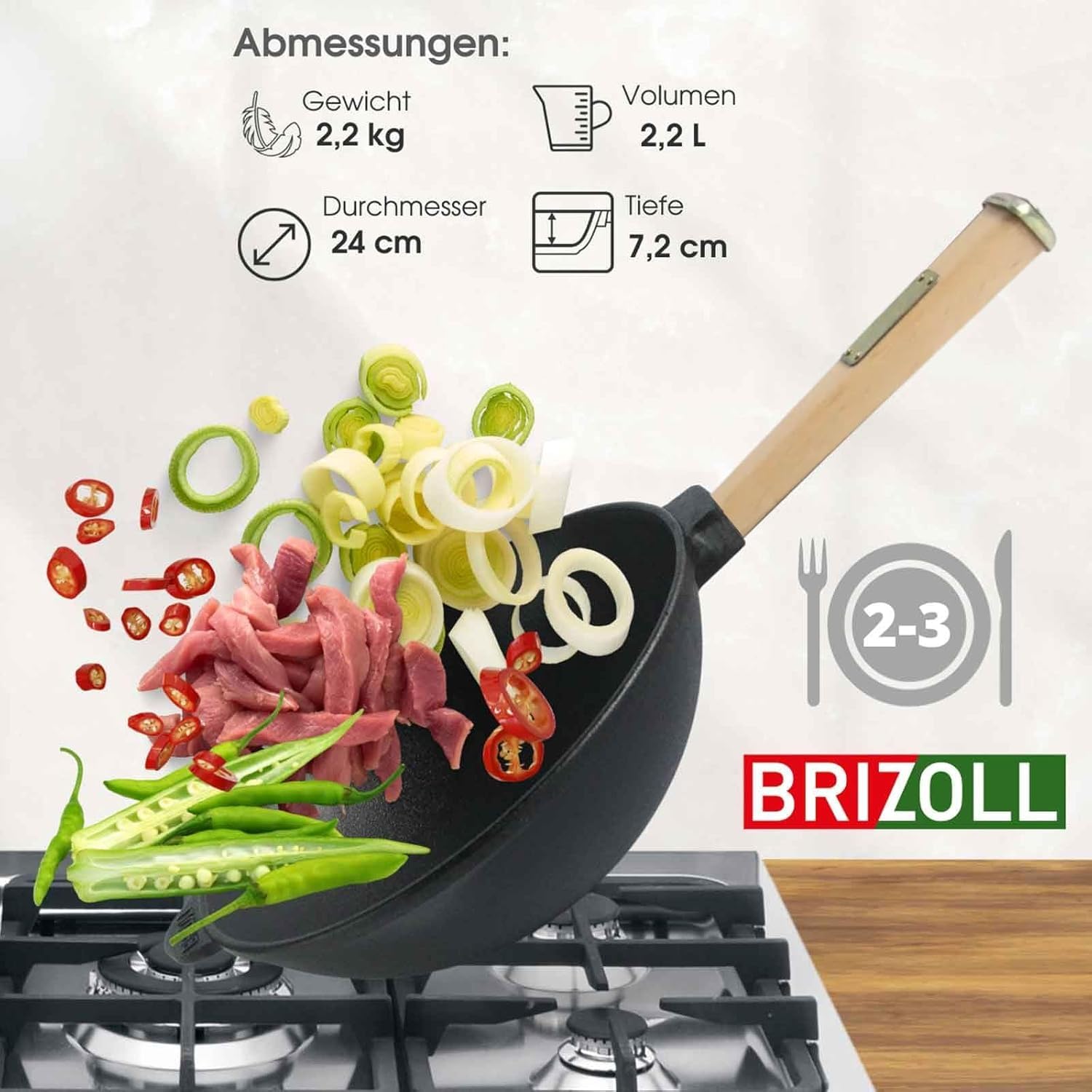 BIG-PAN Ø24 cm Wokpfanne 2,2 L Deckel-Bratpfanne Gusseisen Universaldeckel Servierpfanne Pfannenwender Kochlöffel Küchenhelfer