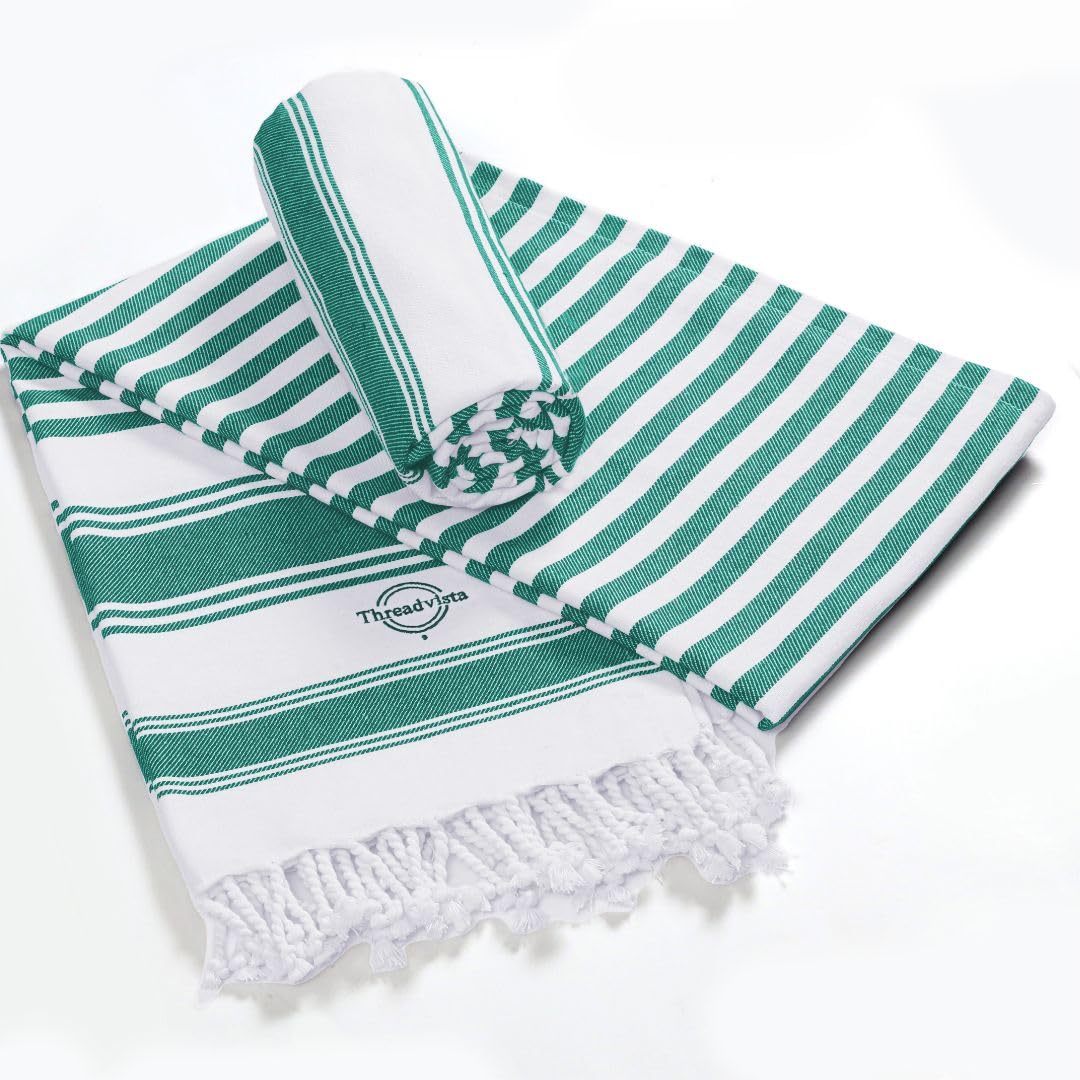 Threadvista Turkish Peshtemal Beach Towels Cotton Set of 2 Large 40x70 Inch - Soft Lightweight Quick-Drying Absorbent - Versatile for Beach Pool Spa