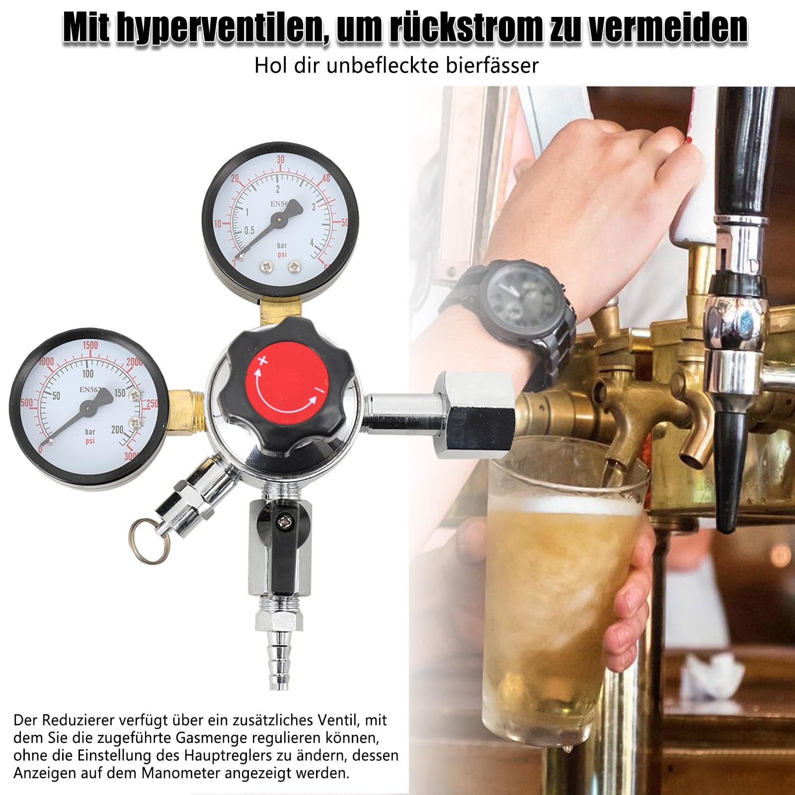 Druckminderer Co2,Druckminderer Gasflasche Co2 Bier,Adapter Keg Sicherheitstank Druck Co2 Regler Bier Soda Keg Druckentlastungsventil Home Brew Bier Gasleitung W21.8