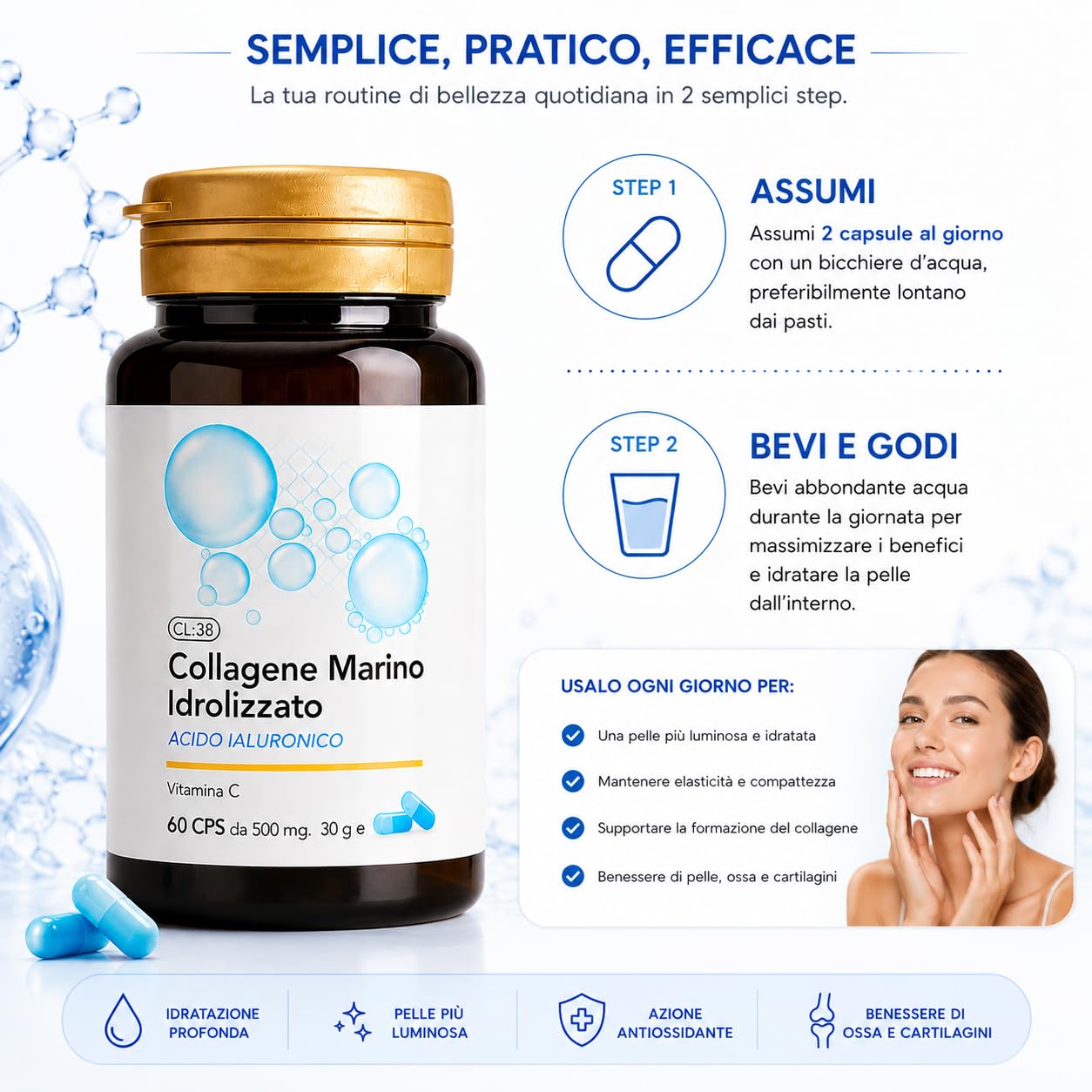 Collagene Marino Idrolizzato 240 Compresse | Acido Ialuronico, Pelle, Capelli, Unghie, Articolazioni