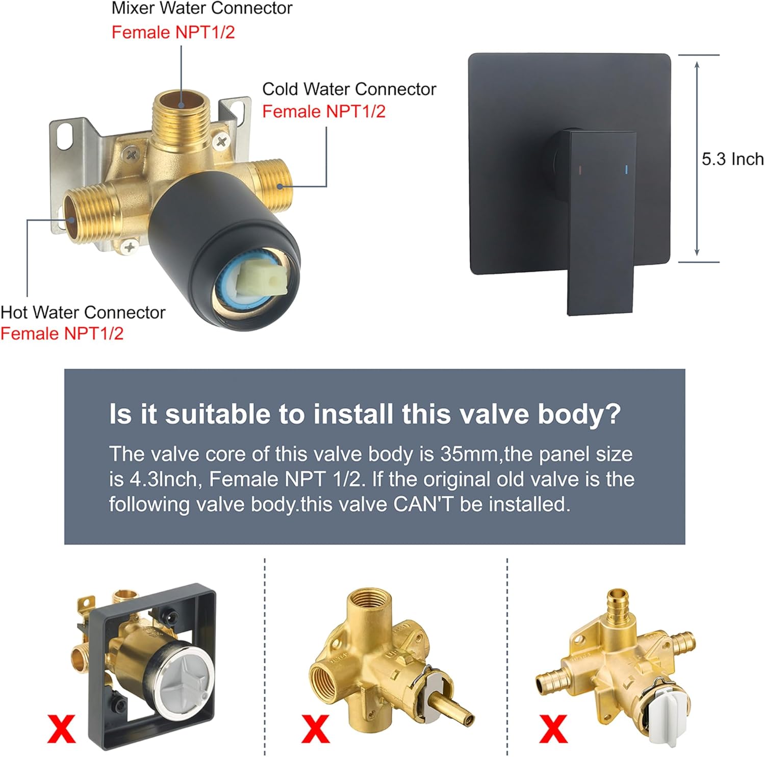 Bathroom Shower Valves Wall Mount Single Function Shower Handle Valve Trim Kit Brass Single Handle Square Black Shower and Handle Kit Rough-In Valve, Matte Black