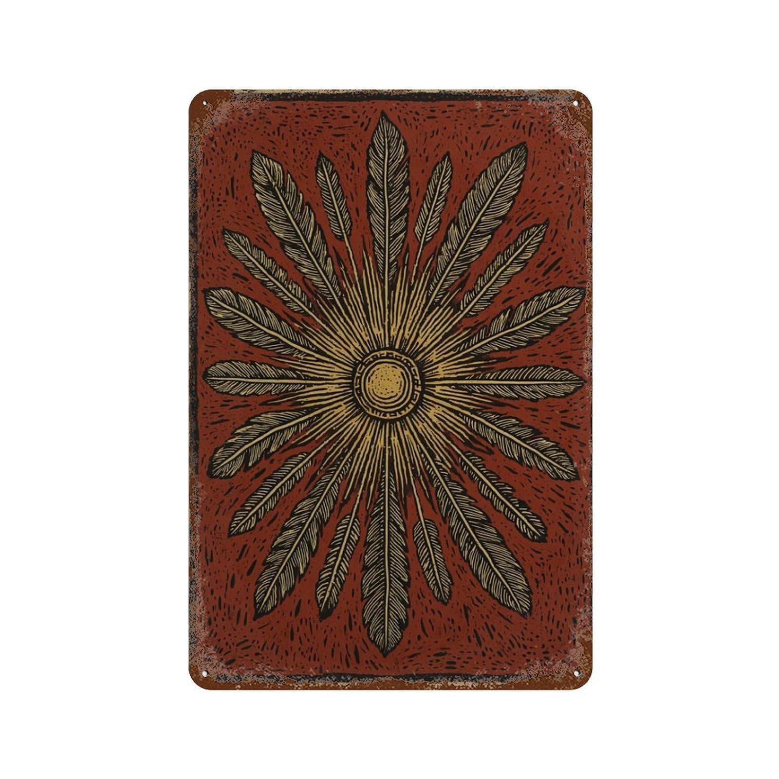 xiaoxiaoshen Feather Sunburst Rustic Boho Sun in Folk Style Wall Decor Art Metal Tin Poster Modern Home Decor Art Home Bar Shop Decorations Vintage Sign 30x20cm