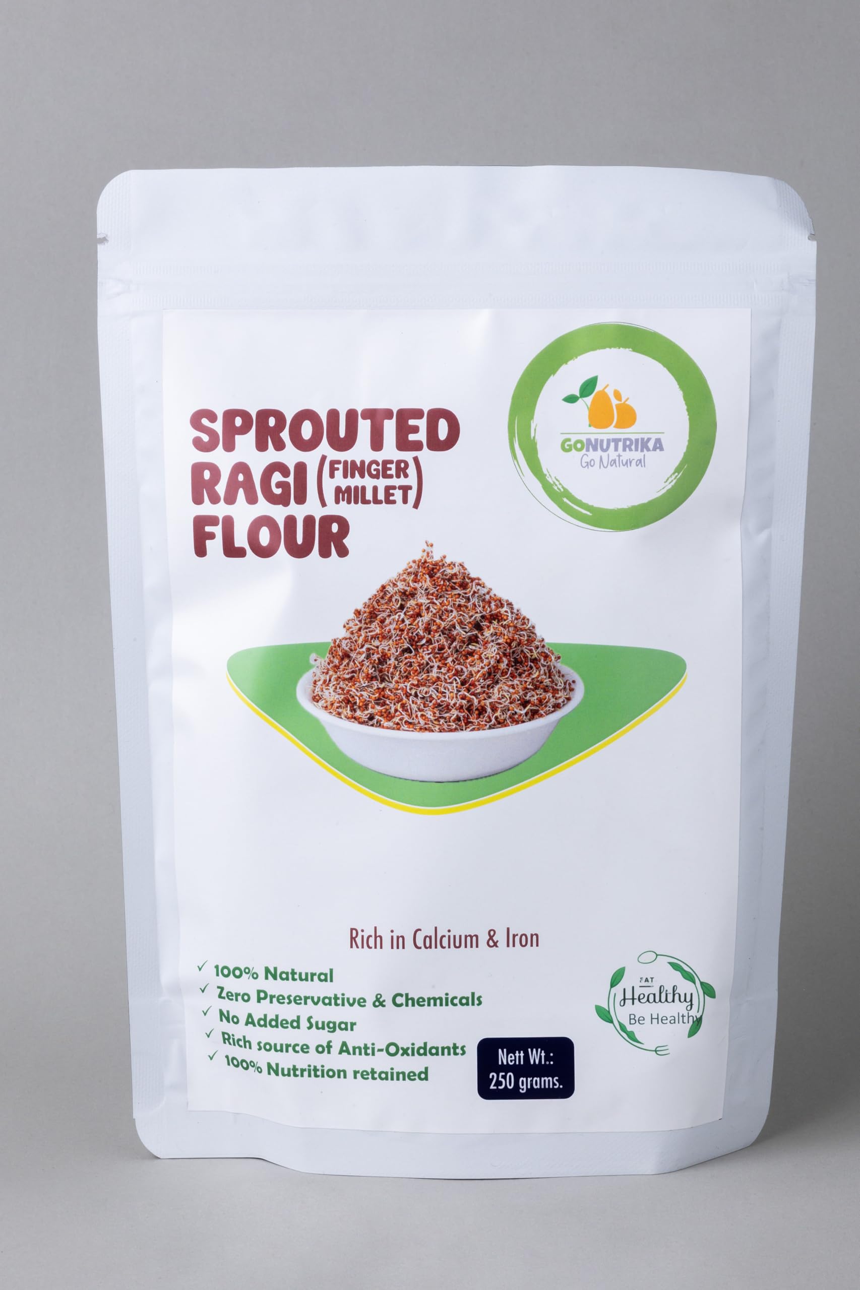 GoNutrika Sprouted Ragi Flour, Finger Millet, 100% Natural, Rich in Calcium & Iron, High Protein, High Fibre, 250 Grams