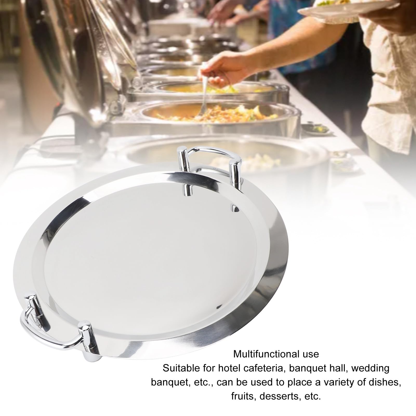 Hztyyier Bandeja de Acero Inoxidable, Bandeja de Metal Multifunción con Asa, para Eventos de Buffet y Catering (Forma Redonda con Mango Plateado, 43 cm.)