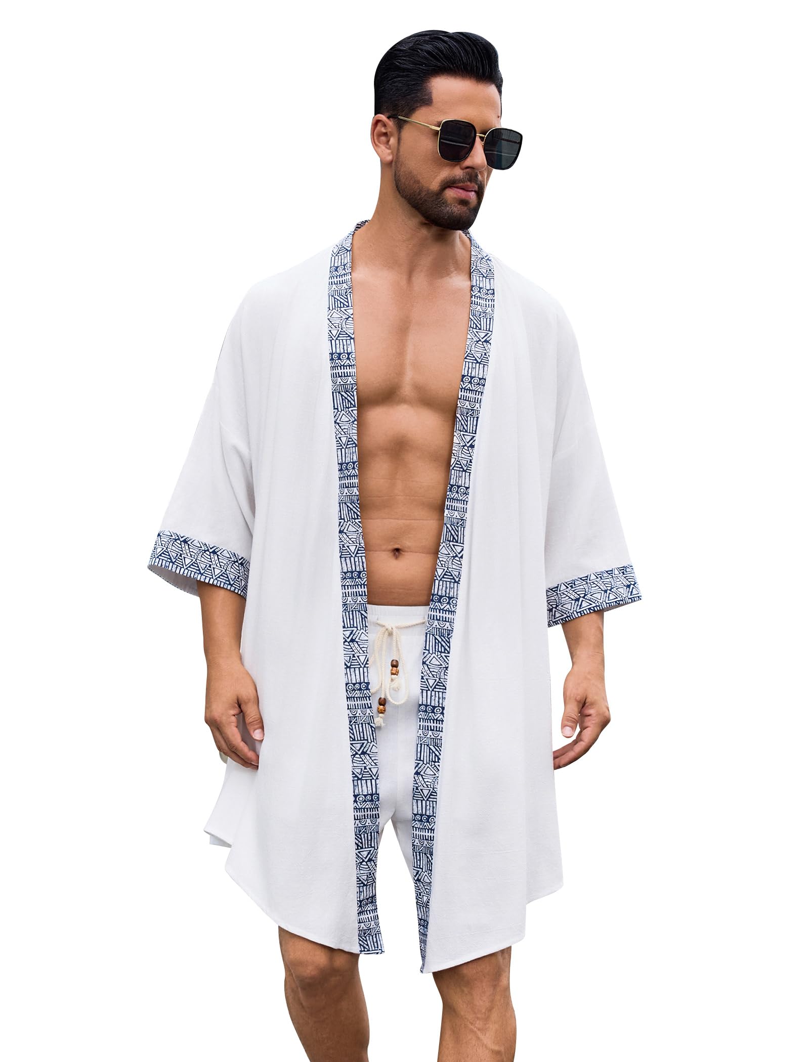 ODIZLI Men's Kimono Cardigan Open Front- Geometric Trim Lightweight Boho Robe for Beach Pool Spa Vacation
