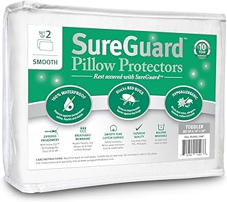 Set of 2 SUREGUARD Pillow Protectors - 100% Waterproof, Bed Bug Proof, Hypoallergenic - Premium Zip Cotton Terry Covered - 10 Year Guarantee Soft Cotton, White, Toddler/Travel