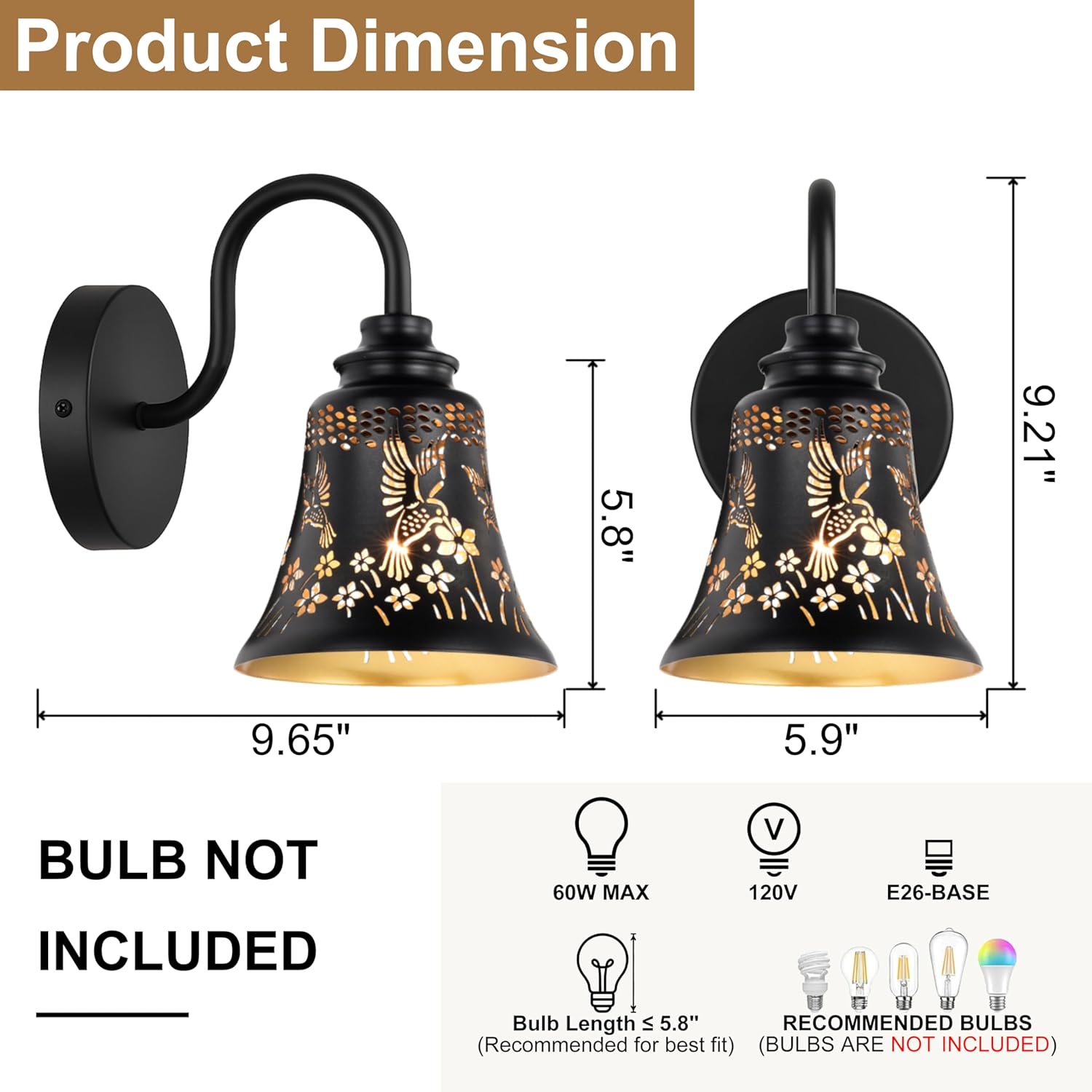 Rustic Wall Sconce Light,Hummingbird Floral Black Gold Industrial Sconce with Speckled Gold Finish,Gooseneck Vanity Lights for Bathroom,Farmhouse Wall Mounted Lights for Bedroom,Living Room