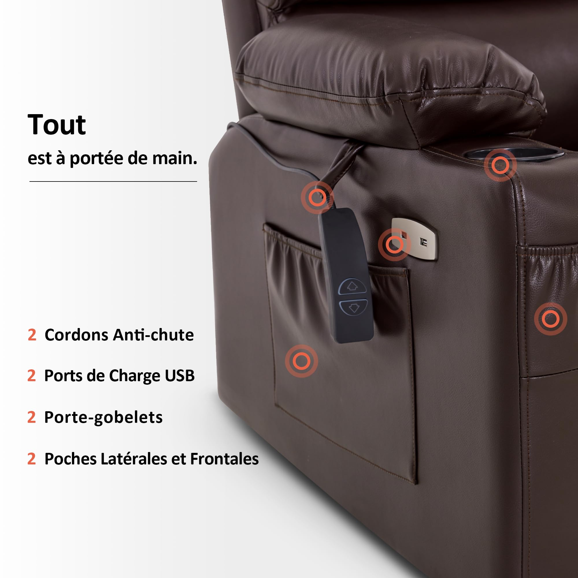 MCombo Fauteuil Releveur électrique, pour Personnes âgées, Fauteuil Relax avec Massage et Chaleur, avec Appui-tête, Repose-Pieds Allongé, Ports USB, en Similicuir, LC001 (Marron)