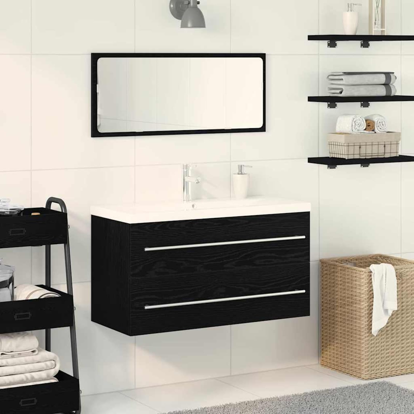 Mobile per lavabo con cassetti, 90 x 38,5 x 48 cm, colore nero, effetto quercia in legno, ceramica, bagno