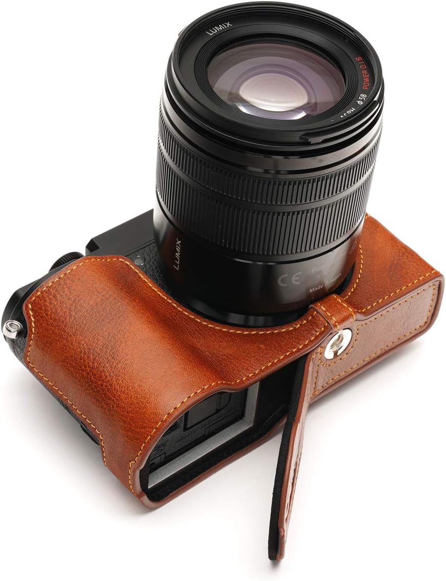 Lumix DC-GX9 Camera Case, BolinUS Handmade Genuine Real Leather Half Camera Case Bag Cover for Panasonic Lumix DC-GX9 GX9 Camera Bottom Opening Version + Hand Strap -Lava Brown