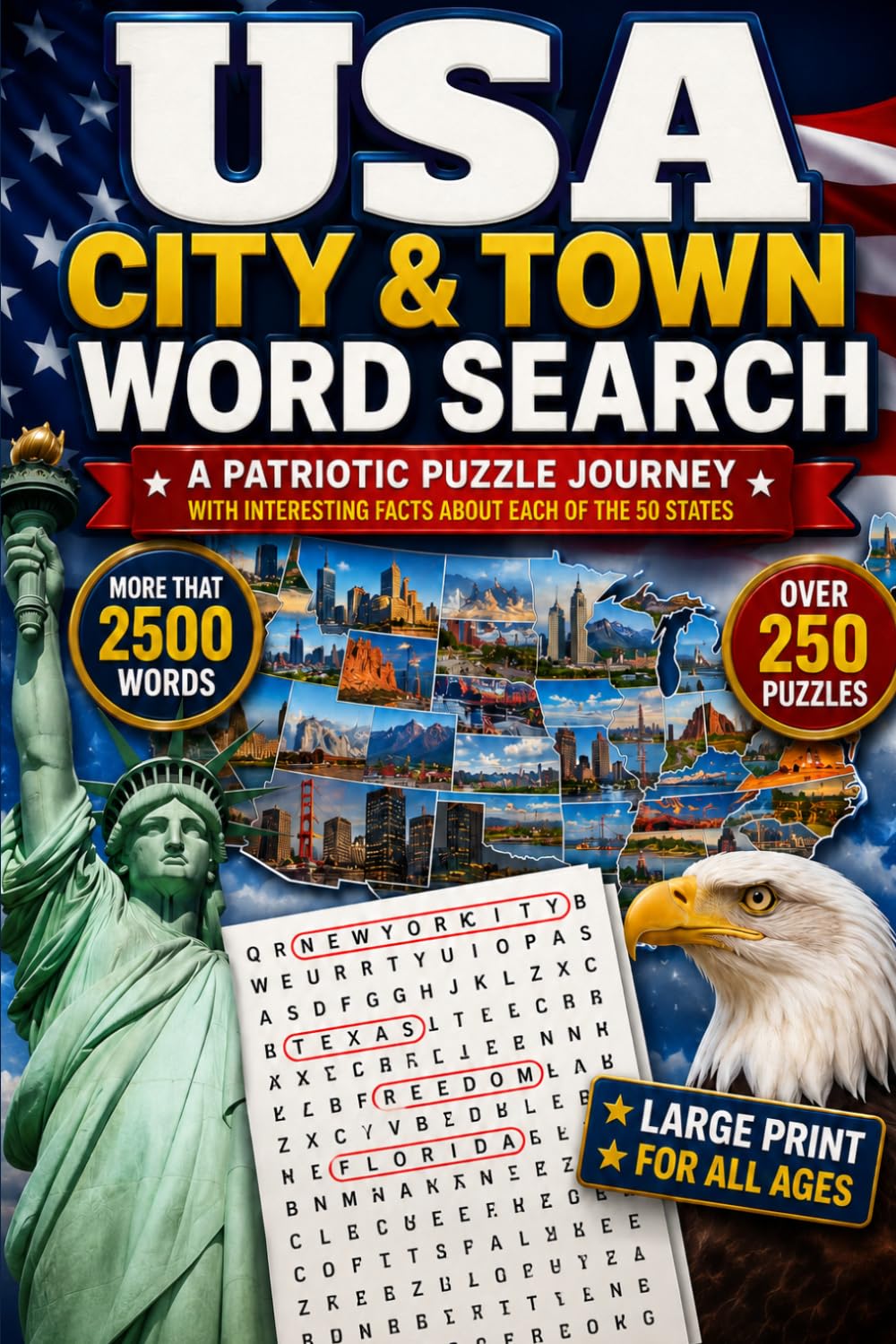 The Ultimate USA City & Town Word Search: Travel Across All 50 States Through 250+ Large Print Puzzles, 2,500+ Hidden Words, and Fascinating State Facts