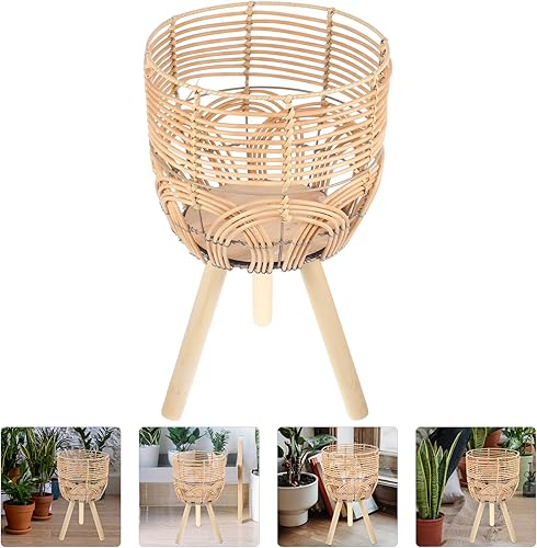 Miniatura 8 de GANAZONO Maceta tejida de bambú rústica para interiores, cesta de ratán para interiores, maceta con patas de pie de madera, contenedor de maceta