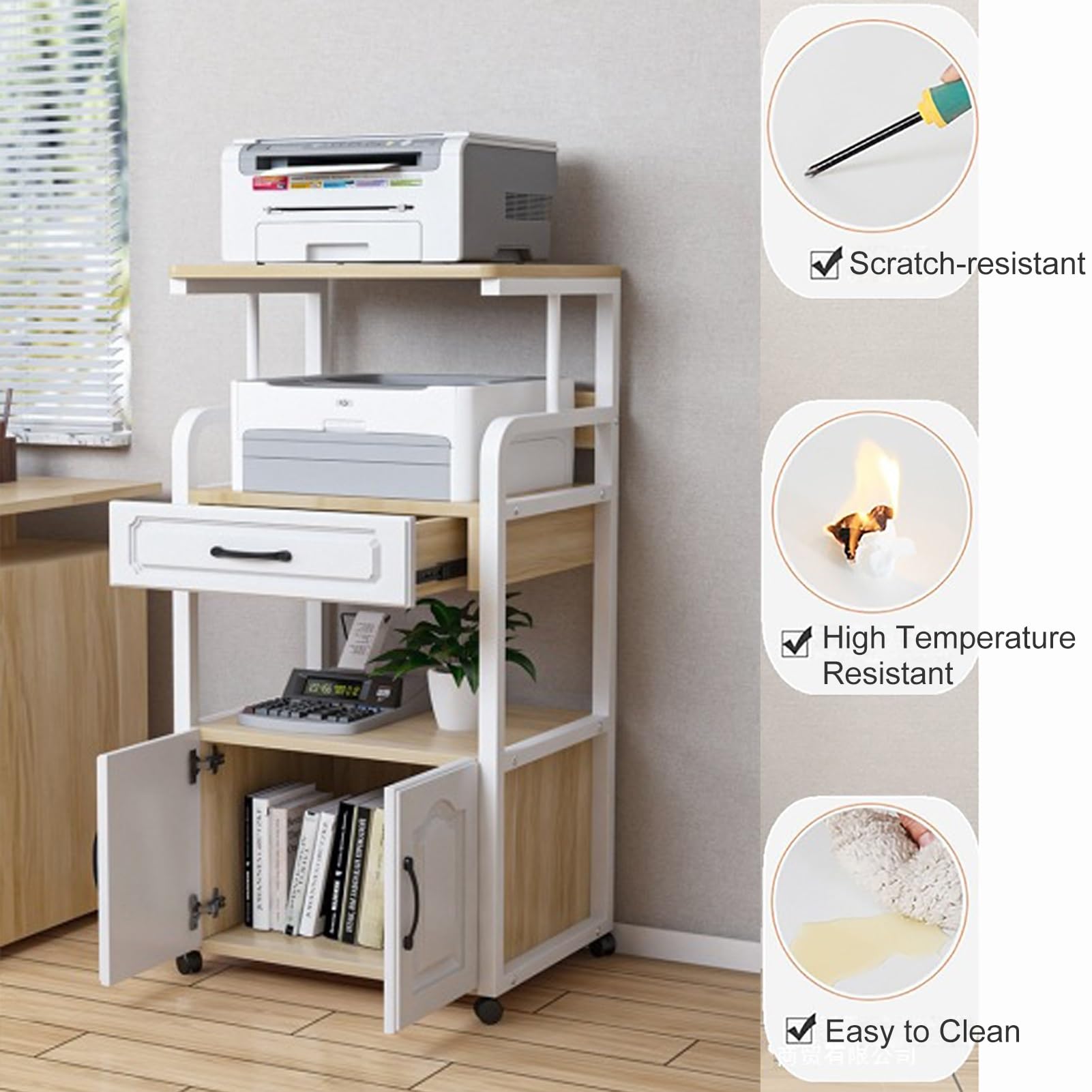 Mesa para Impresora con Ruedas, Mueble Trituradora Grande, Mesa Impresora con Cajon y Armario(Brown)