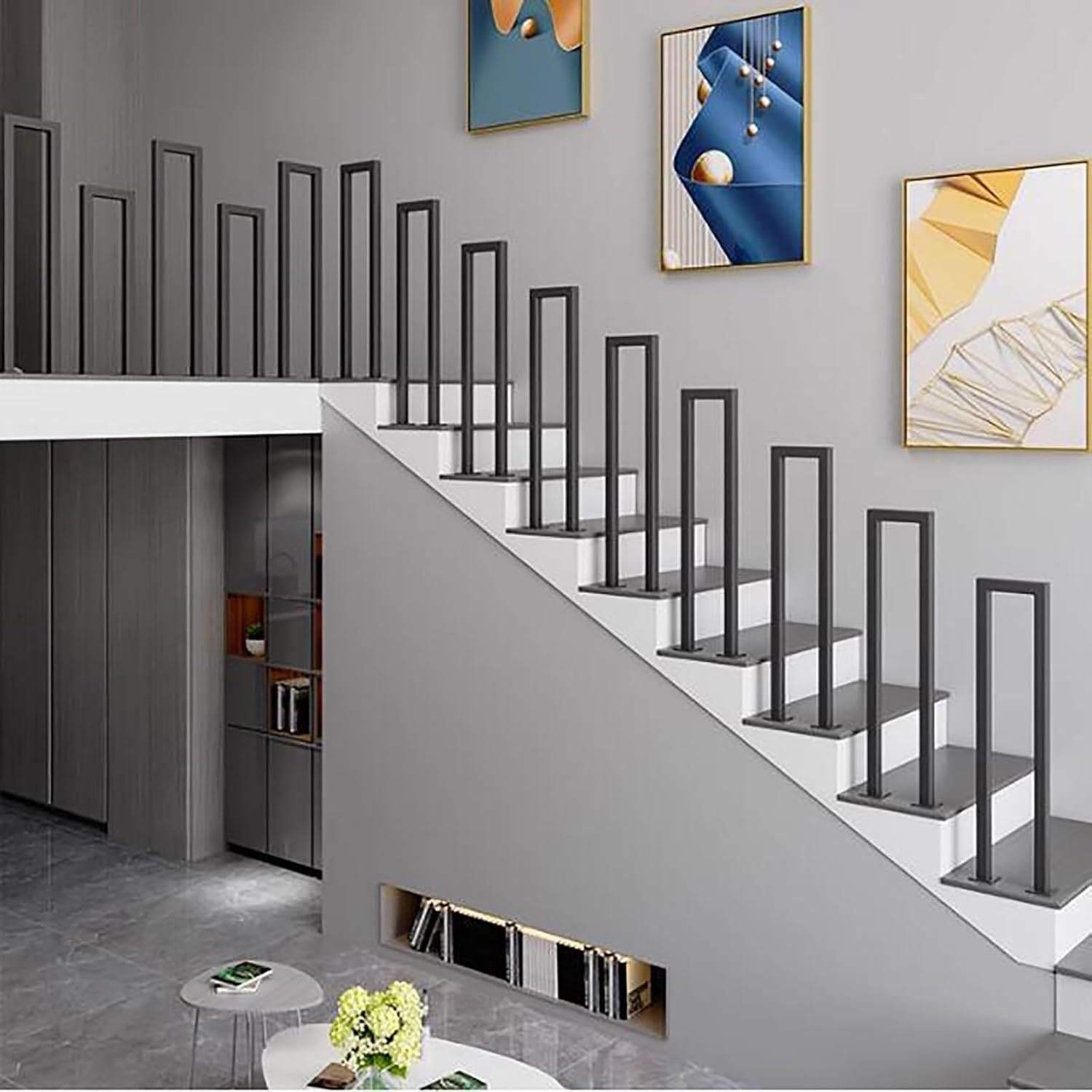 Black U-Shaped Stairs Handrail,Stair Railing Outdoor,Metal Wrought Iron Modern Stair Railing,Handrails for Indoor Steps,for Stairs Garden Loft Corridor(55CM/1.8FT)