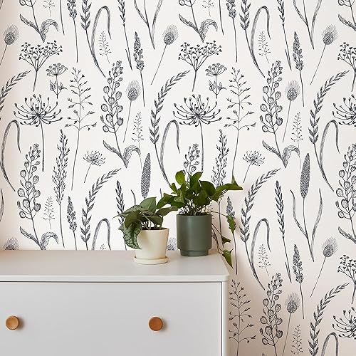 Miniatura 6 de Papel tapiz para despegar y pegar, papel tapiz con diseño floral de madera silvestre en blanco y negro, papel tapiz extraíble, moderno papel tapiz